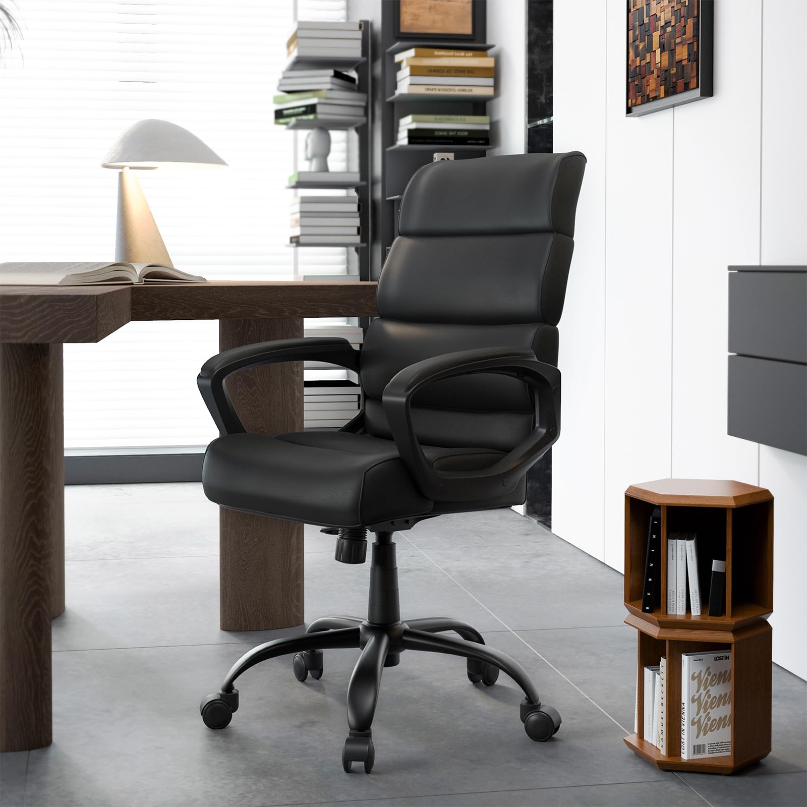 Ergonomic Office Chair - High Back Leather Computer Desk Chair with Adjustable Height & Swivel Wheels | Comfortable Home & Workspace Seating for Long Hours | Black