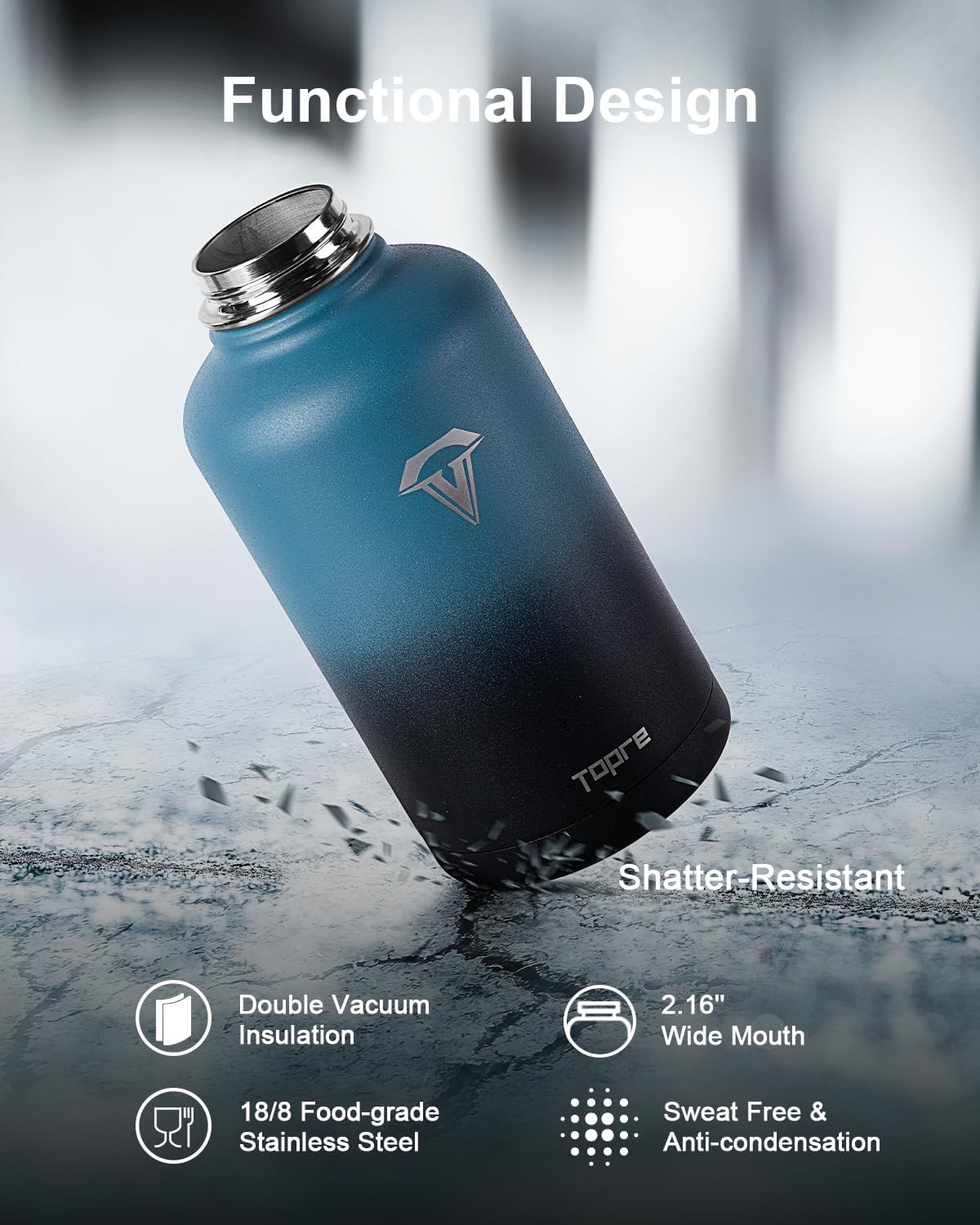**Half Gallon Vacuum Insulated Stainless Steel Water Bottle - 64oz BPA-Free Sports Jug with 3 Lids, Triple-Walled Leakproof Canteen for Outdoor, Camping, Hiking, Gym & Work**