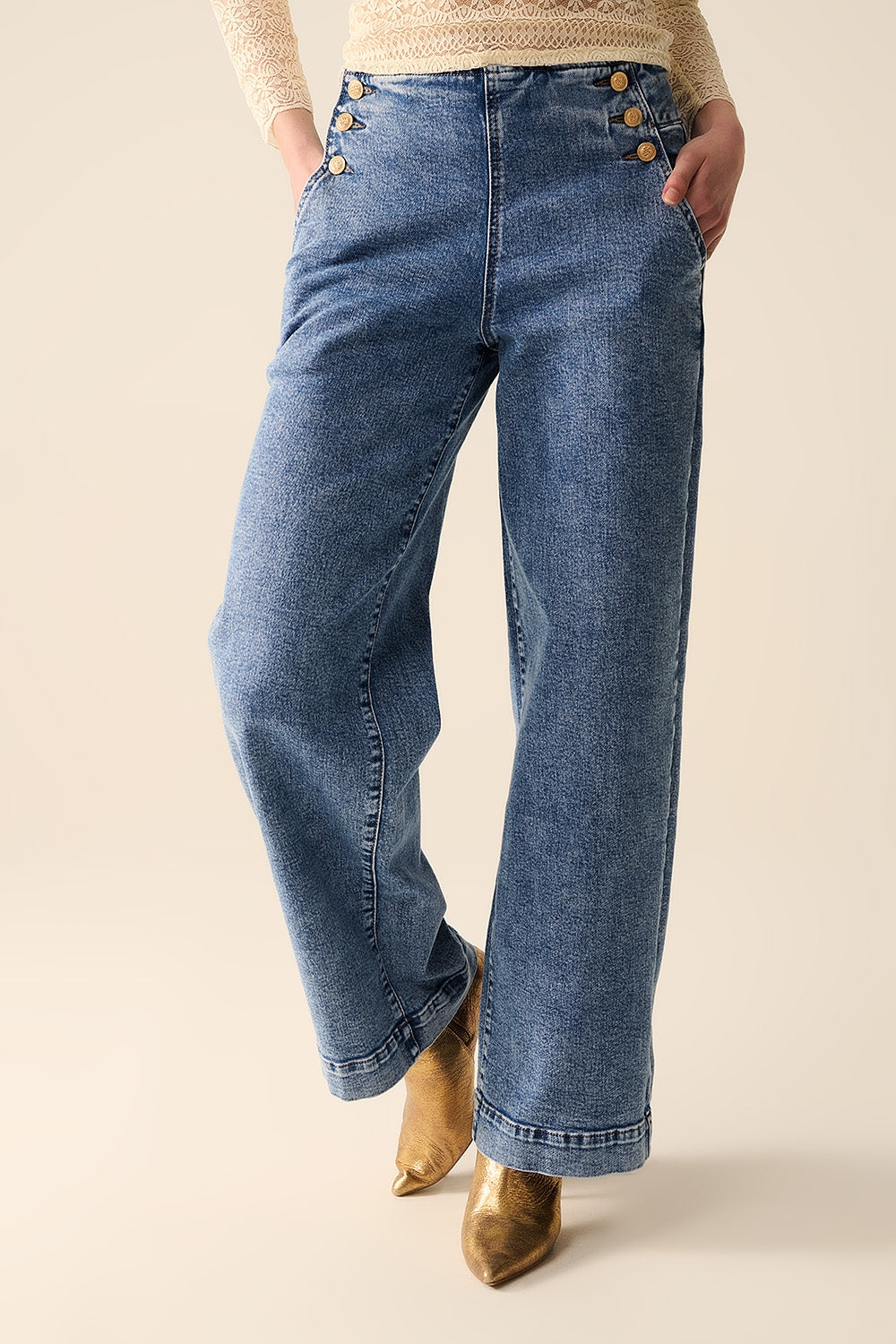 Men's Straight Leg Jean with Gold Buttons - Medium Wash Denim Pants for Casual Wear & Everyday Style