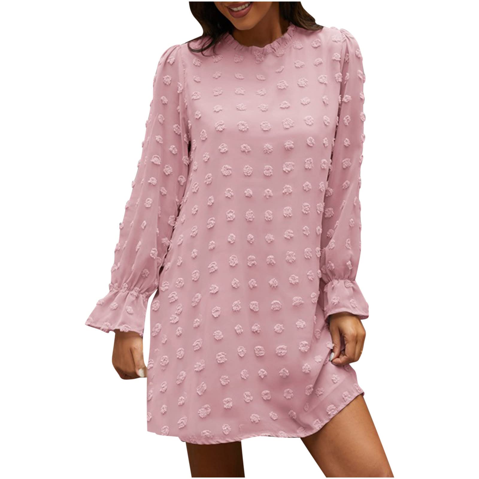 MIANHT Women's Casual Long Sleeve Jacquard Mini Dress - Round Neck Solid Color Sundress for Wedding Guest & Summer Occasions | Perfect for Parties, Dates, and Beach Outings