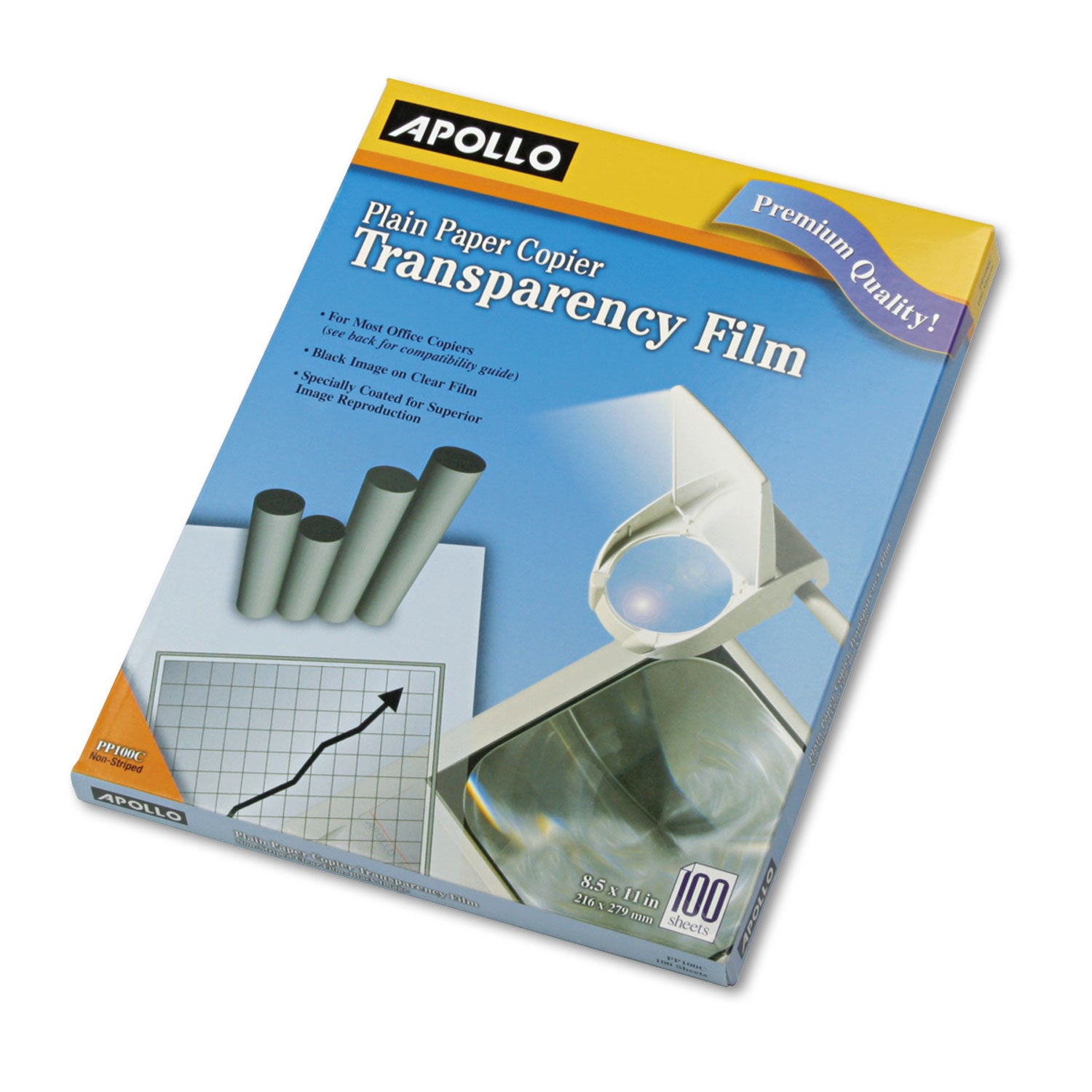 Apollo® Plain Paper Transparency Film for Overhead Projectors - 8.5 x 11 Inches, Black on Clear - 100 Sheets per Box - Ideal for Presentations, Classroom Teaching & Business Meetings