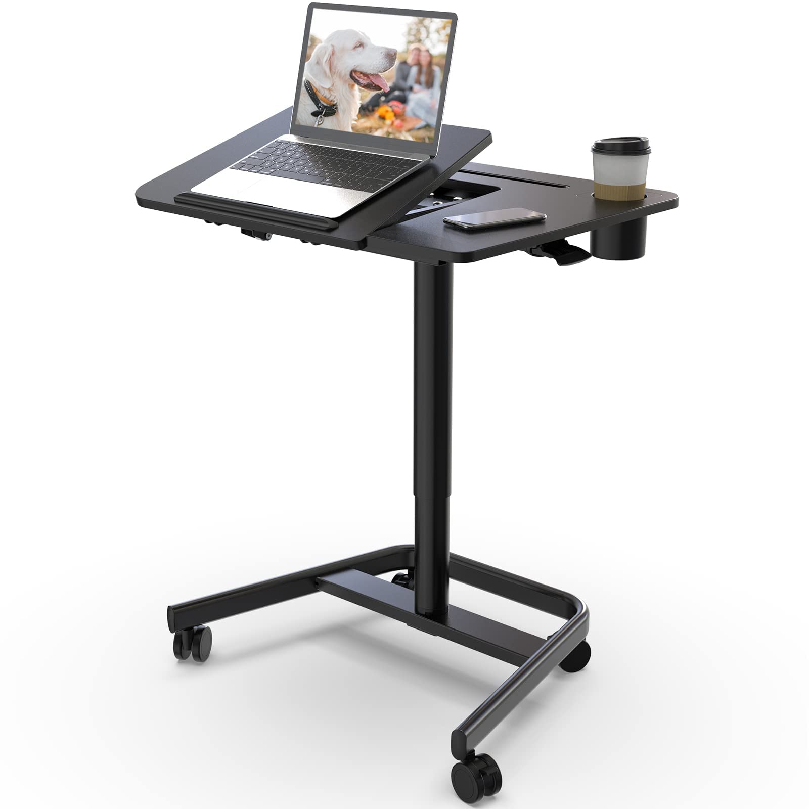 JOYworker Adjustable Mobile Standing Desk - 60° Tiltable Rolling Laptop Table with Wheels & Cup Holder, Portable Sit Stand Workstation for Home Office, Bed, Couch & Hospital Use, Supports Up to 22lbs, Black - Perfect for Remote Work, Gaming & Medical Professionals