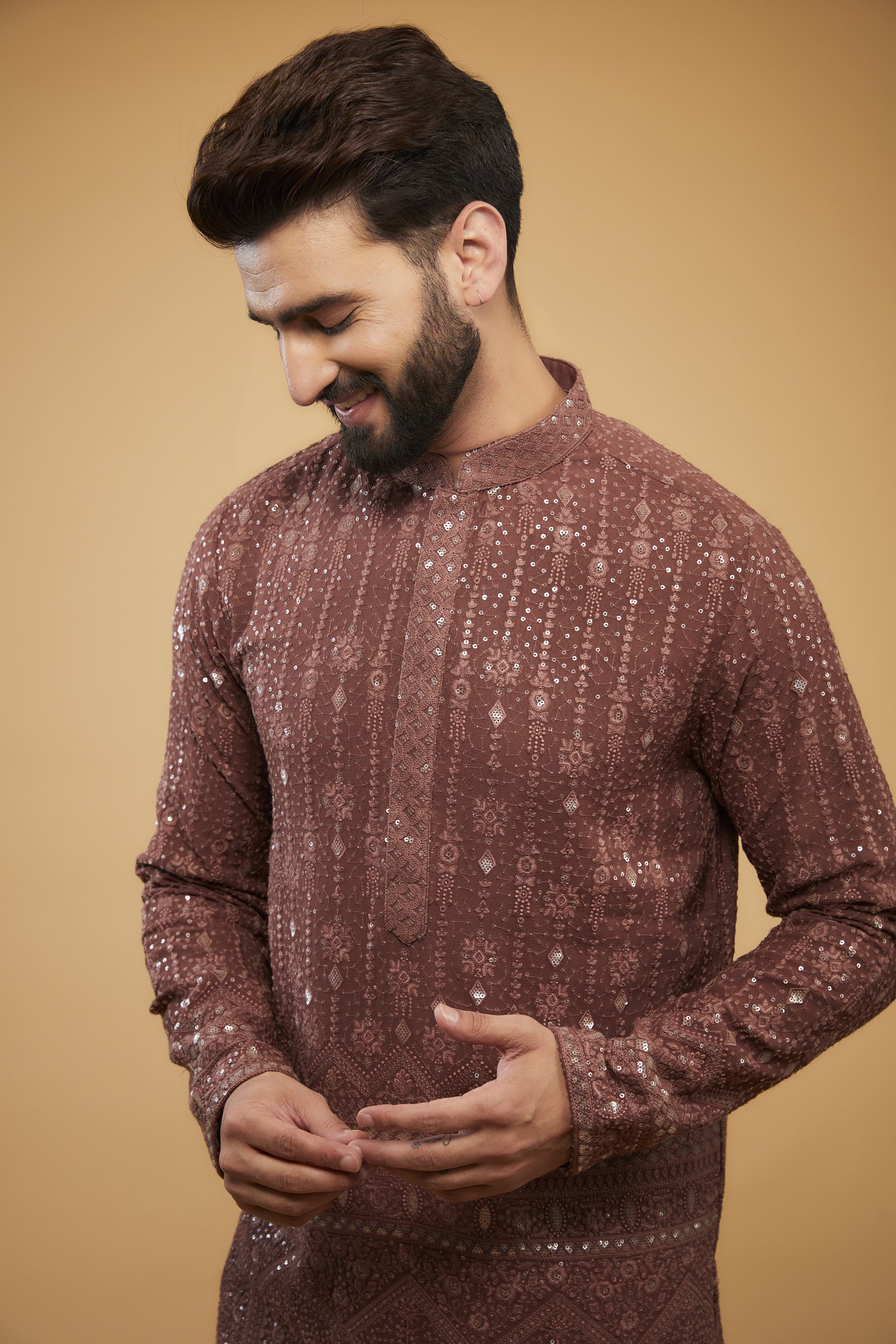 Elegant Mauve Taupe & Brown Sequined Kurta with Detailed Embroidered Border - Perfect for Festivals, Weddings, and Special Occasions