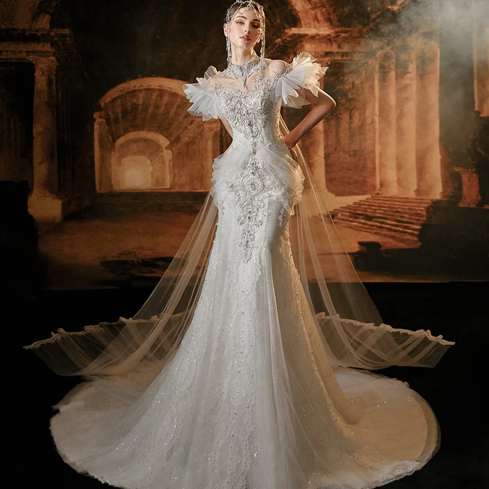 Exquisite Luxury Mermaid Wedding Dress - High Neck, Short Sleeves with Watteau Train | Perfect for Beach Weddings, Vow Renewals & Romantic Photoshoots