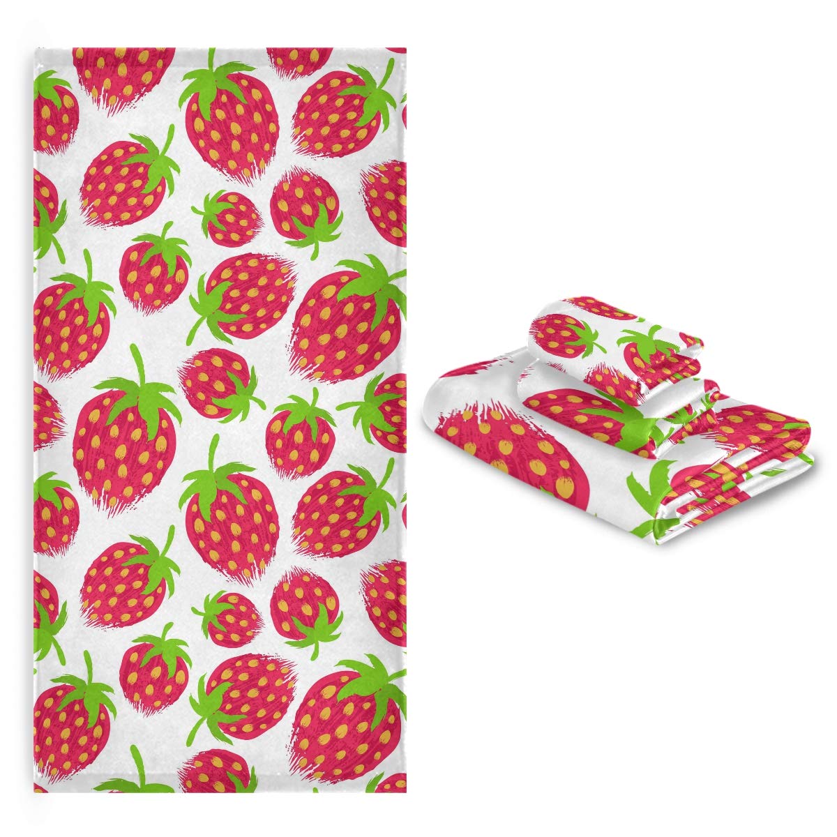 CaTaKu 3-Piece Strawberry Bath Towel Set - 1 Bath Towel, 1 Hand Towel, 1 Washcloth | Ultra Soft & Absorbent Cotton Towels for Bathroom, Kitchen, Hotel, Gym, Swim & Spa | Home Decor & Luxury Essentials