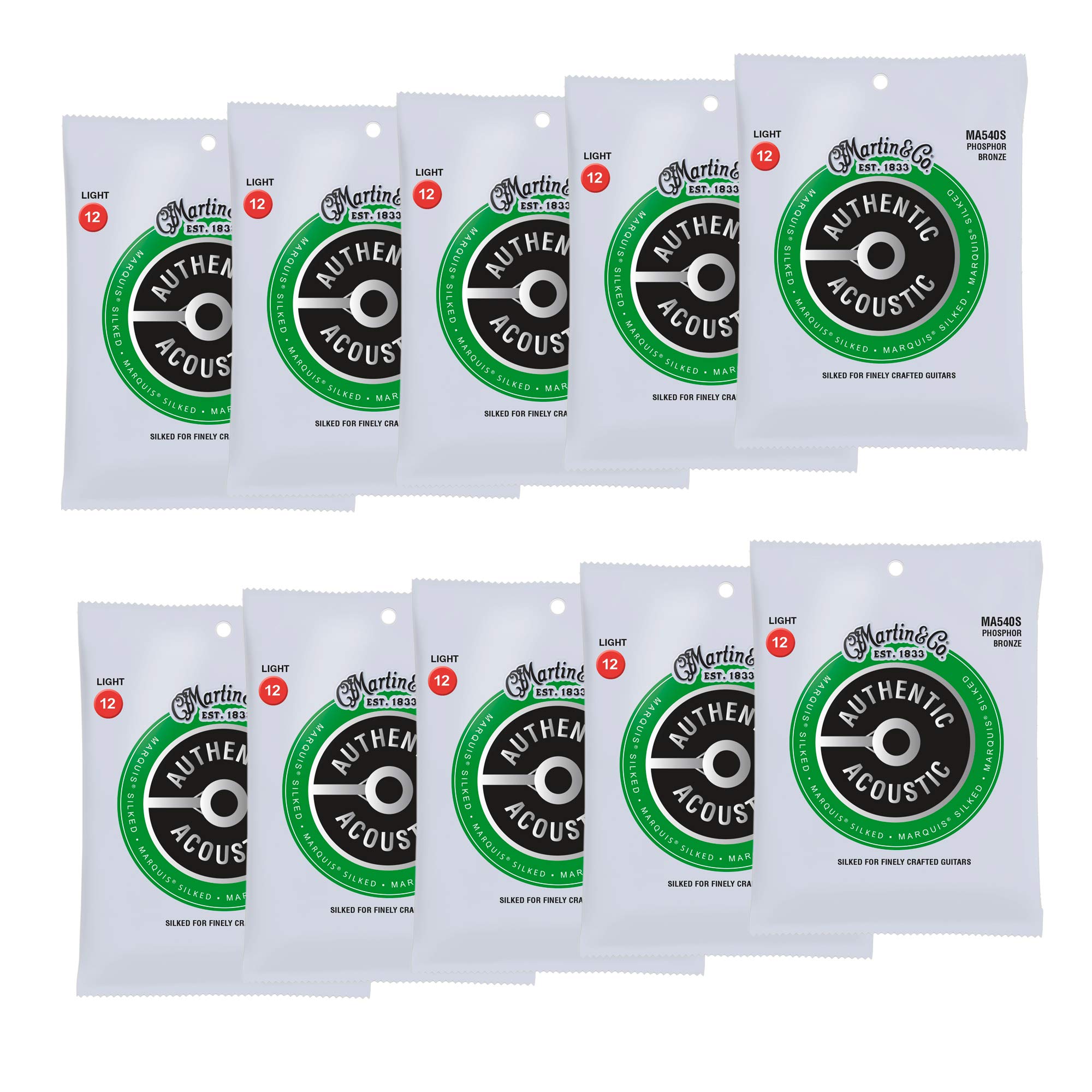Martin MA540S Authentic Acoustic Guitar Strings - Marquis Silked 92/8 Phosphor Bronze Light 12-54 (10-Pack Bundle) | Perfect for Folk, Blues & Fingerstyle Playing