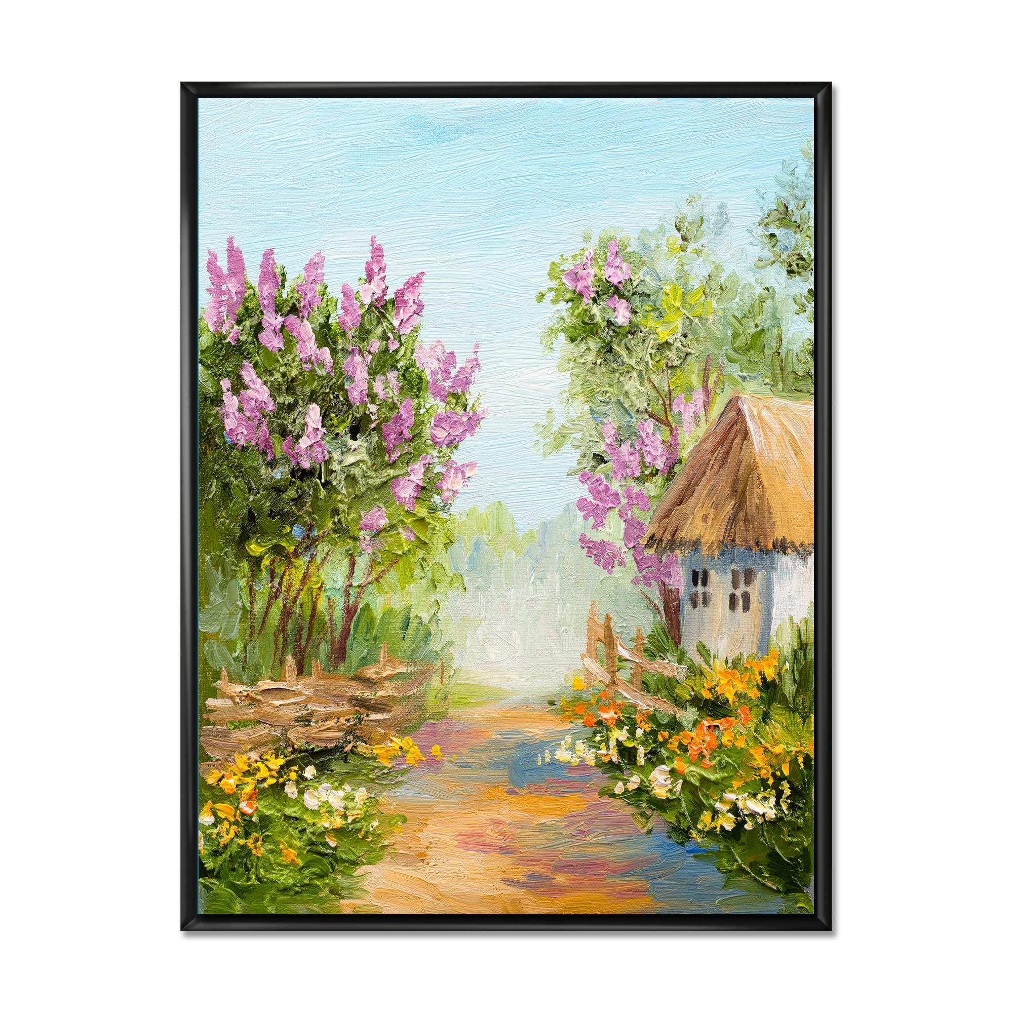 DesignQ Little House In The Blossoming Forest - Lake House Framed Canvas Wall Art Print for Living Room, Bedroom & Office Decor | Nature Landscape Painting Home Decoration