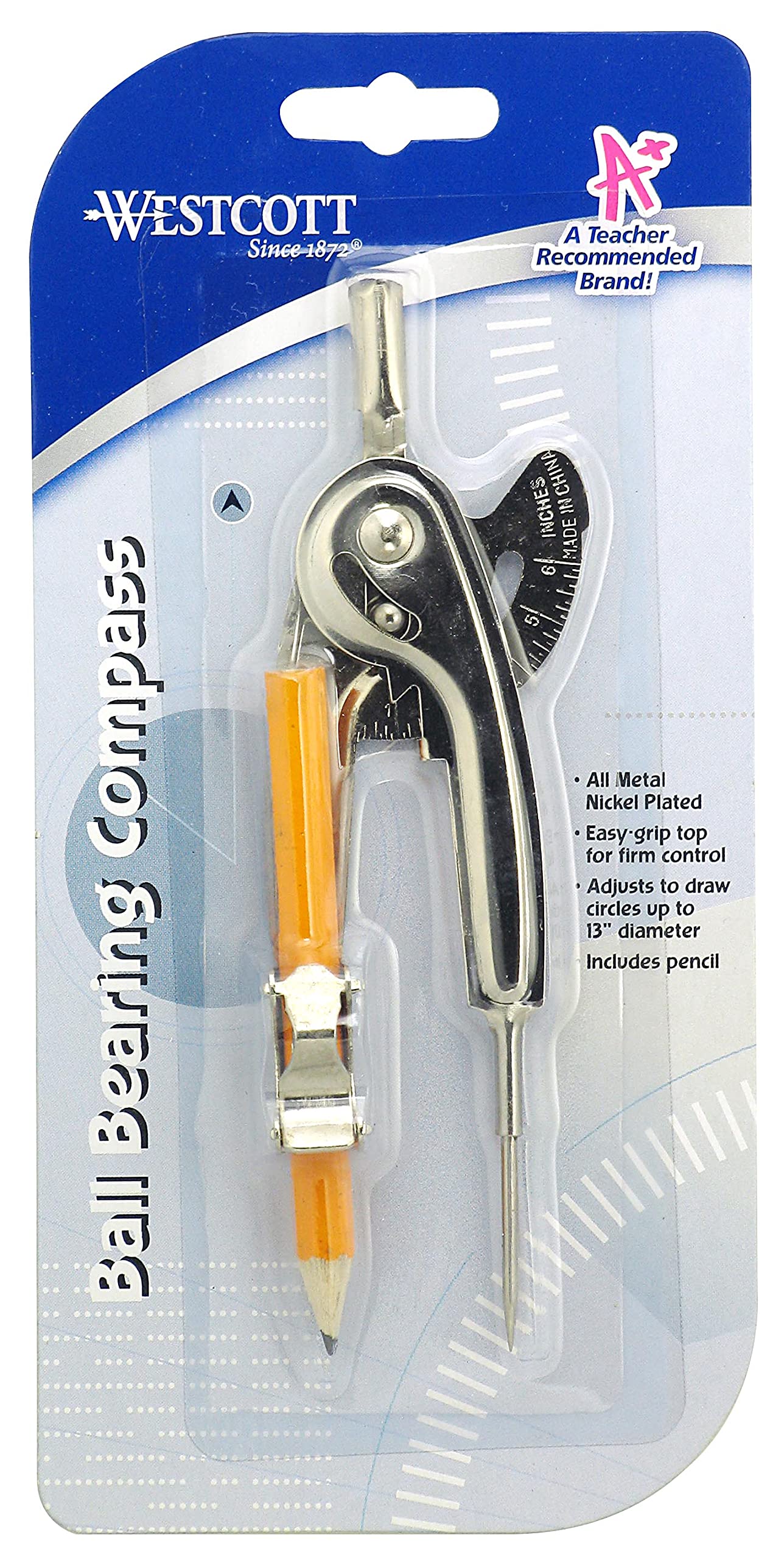 Westcott Metal Ball Bearing Compass with Pencil - Nickel Plated Drafting Tool (12201) - Perfect for Geometry, Engineering, and School Math Class