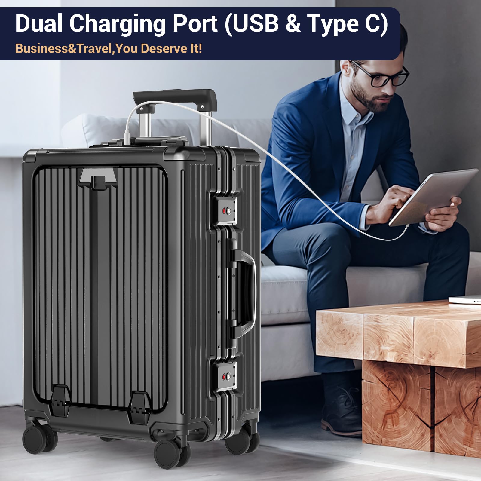 22 Inch Portable Carry-on Luggage with Front Open Door, Laptop Compartment & USB Charging Port | TSA Lock & 360° Spinner Wheels | Hard Shell Suitcase for Business Travel & Weekend Getaways (Black)