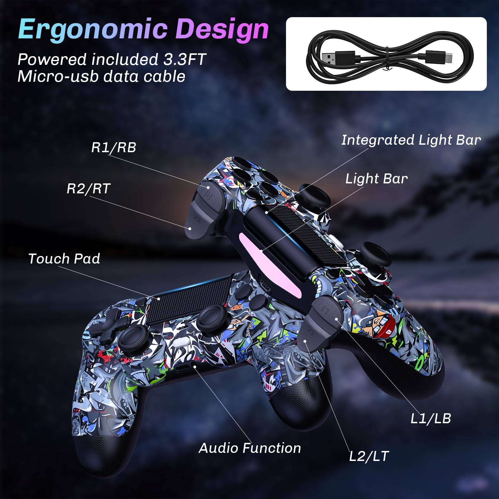 Wireless PS4 Controller Compatible with PS4/PS4 Slim/PS4 Pro - Dual Shock Vibration, 6-Axis Motion Sensor, Built-in Audio - Perfect for Gaming, Streaming & Long Play Sessions