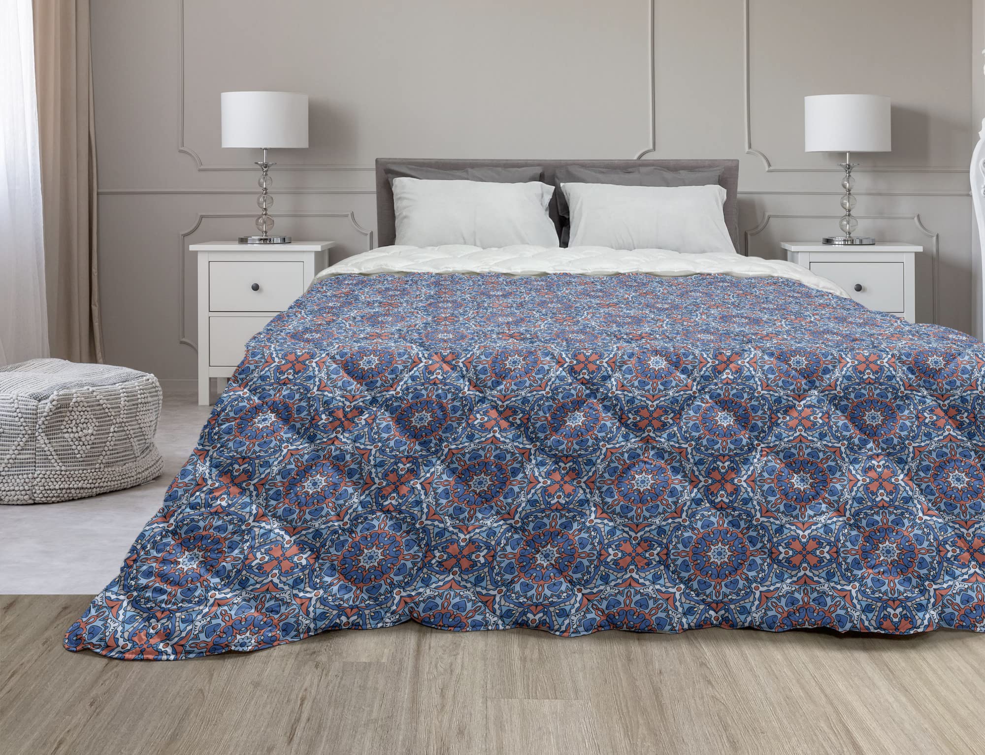 Ambesonne King Size Mandala Comforter - Down Alternative, All Seasons Microfiber Bedding with Eastern Folkloric Blossom Pattern in Violet Blue & Dark Coral - Perfect for Master Bedroom, Guest Room & Bohemian Decor