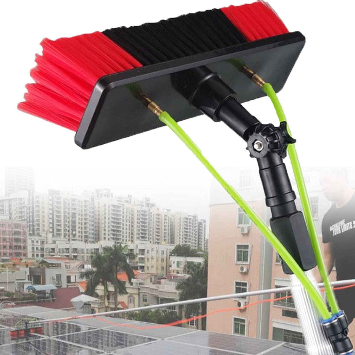 WZFANJIJ Extendable Window Cleaning Pole Kit - 33ft Hose Fed Telescopic Brush for Windows, Solar Panels & Photovoltaic Cleaning - 30cm Brush Head - Perfect for High Windows, Skylights & Hard-to-Reach Areas