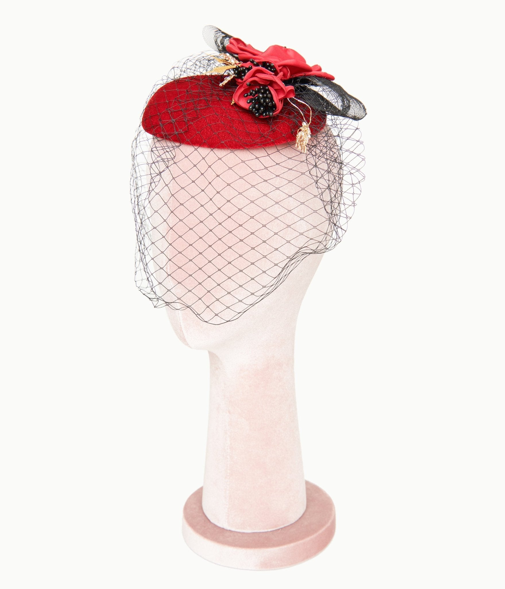 Vintage 1950s Black & Red Floral Fascinator Hat - Retro Women's Hair Accessory for Tea Parties, Weddings & Special Occasions
