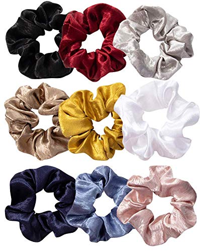 FAMEZA 9 Pack Satin Hair Scrunchies for Women - No Crease Elastic Hair Ties, Soft Silk Ponytail Holders, Gentle No Damage Hair Bands (9-Piece Set, Multi-Color) - Perfect for Workouts, Office, Sleep & Everyday Styling