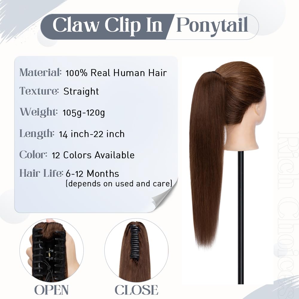 Rich Choices 20 Inch Clip-In Ponytail Hair Extensions - 120g Human Hair, Balayage Medium Brown (#4) | Straight & Natural Look for Women | Perfect for Parties, Weddings & Daily Styling