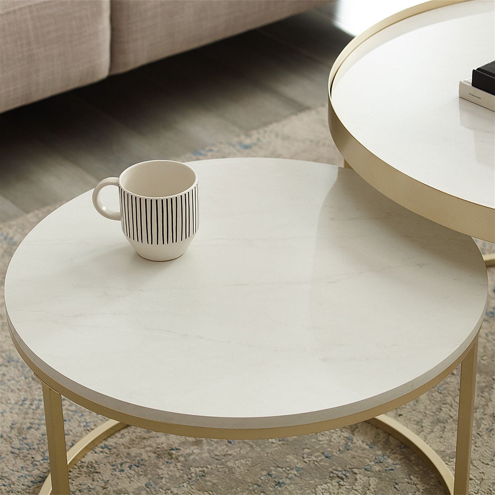 Criterion White Marble Finish Champagne Metal Frame Nested Coffee Table - Modern Living Room Furniture for Small Spaces & Home Decor