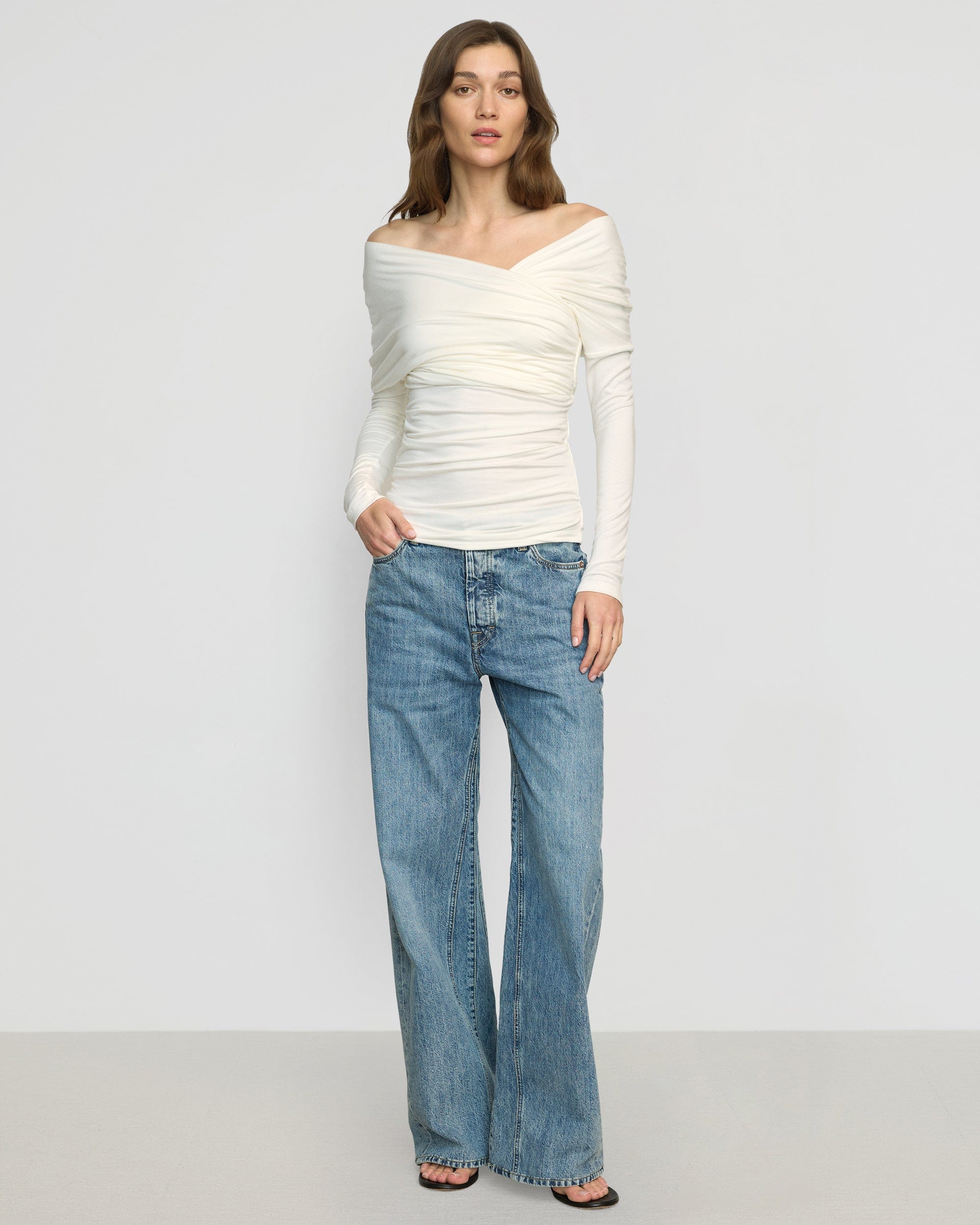 Theresa Ruched Off Shoulder Long Sleeve T-Shirt for Women - Elegant Blouse for Date Night, Party & Casual Outfits