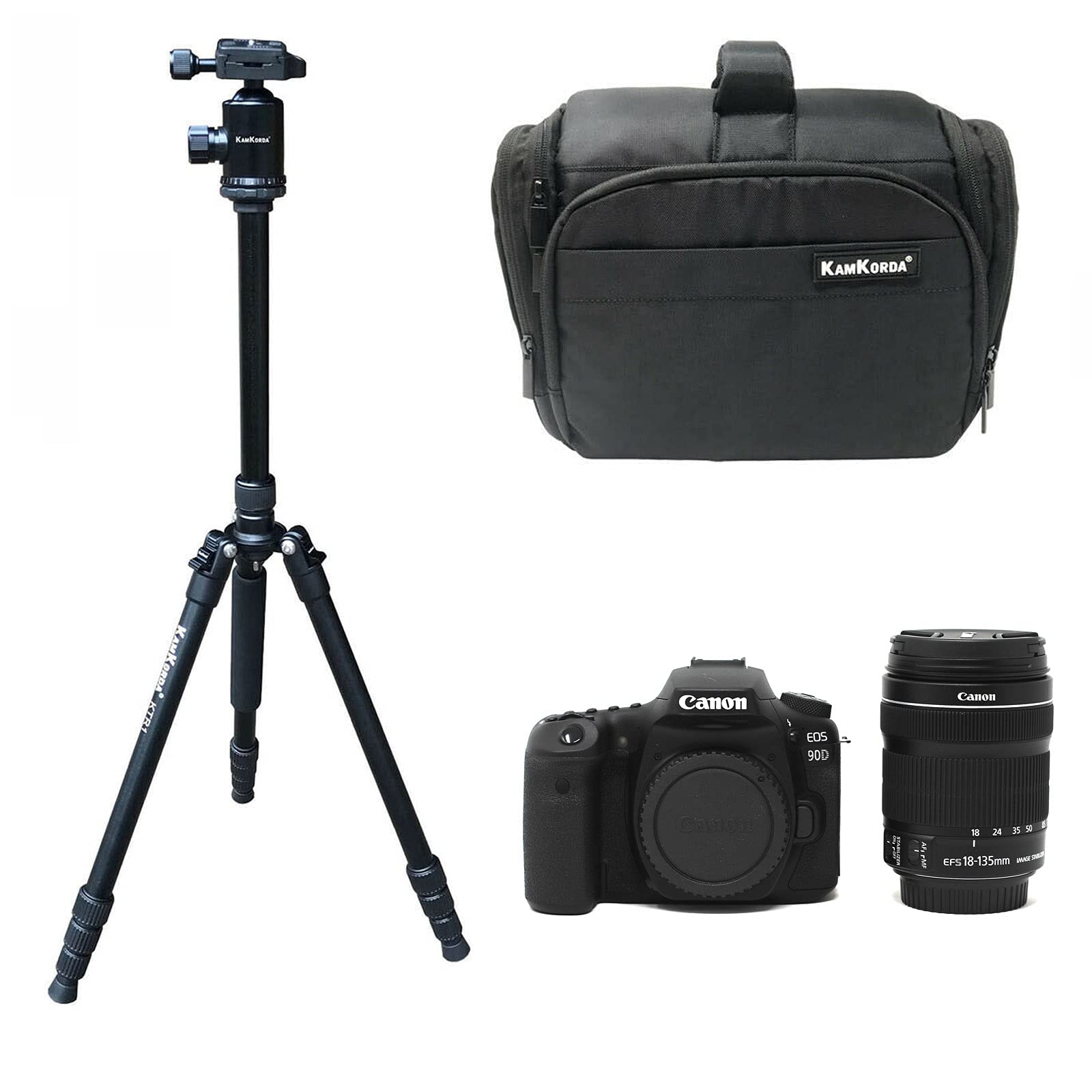 Professional KamKorda DSLR Camera Bundle - Canon 90D with EF-S 18-135mm Lens, 32.5MP APS-C Sensor, 4K UHD Video, WiFi & Bluetooth + Camera Bag & Tripod + 2 Year Warranty | Perfect for Travel Photography, Vlogging & Outdoor Shooting