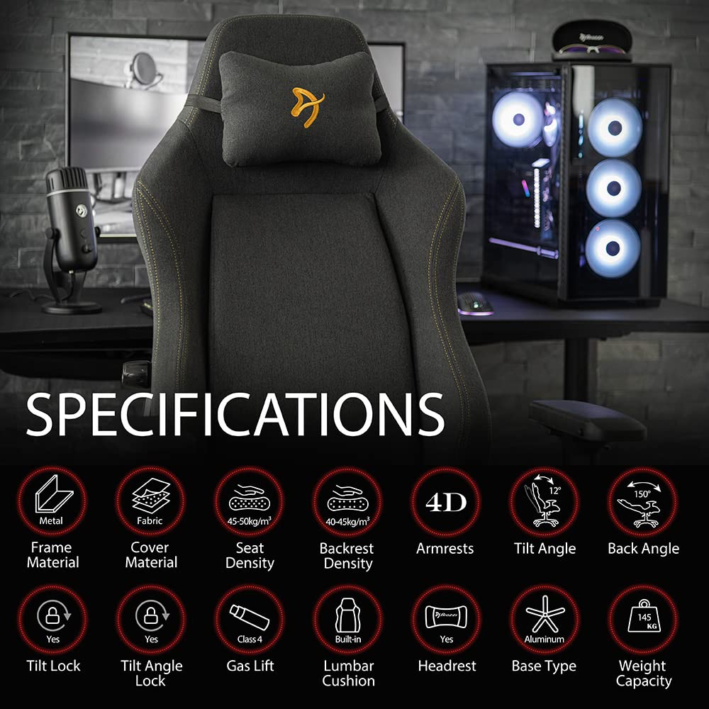 Arozzi Primo Premium Woven Fabric Gaming Chair - Ergonomic High Back Office Chair with 4D Adjustable Armrests, Recliner, Swivel & Tilt Function, Built-in Lumbar Support & Neck Pillow - Dark Grey with Gold Accent - Perfect for Gaming, Working & Home Office Setup