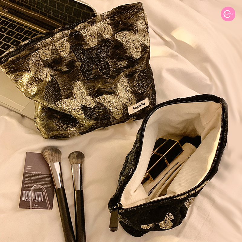 Blue Vip Hyovo Embossed Gold Silk Butterfly Makeup Bag - Elegant Cosmetic Pouch for Travel, Bridal Shower & Gift Giving