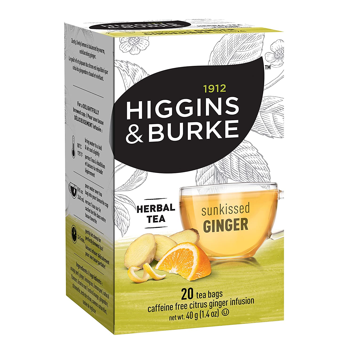 Higgins & Burke Sunkissed Ginger Herbal Tea Bags - 20 Count | Caffeine-Free, Natural Ingredients | Perfect for Relaxation, Cold Relief & Wellness