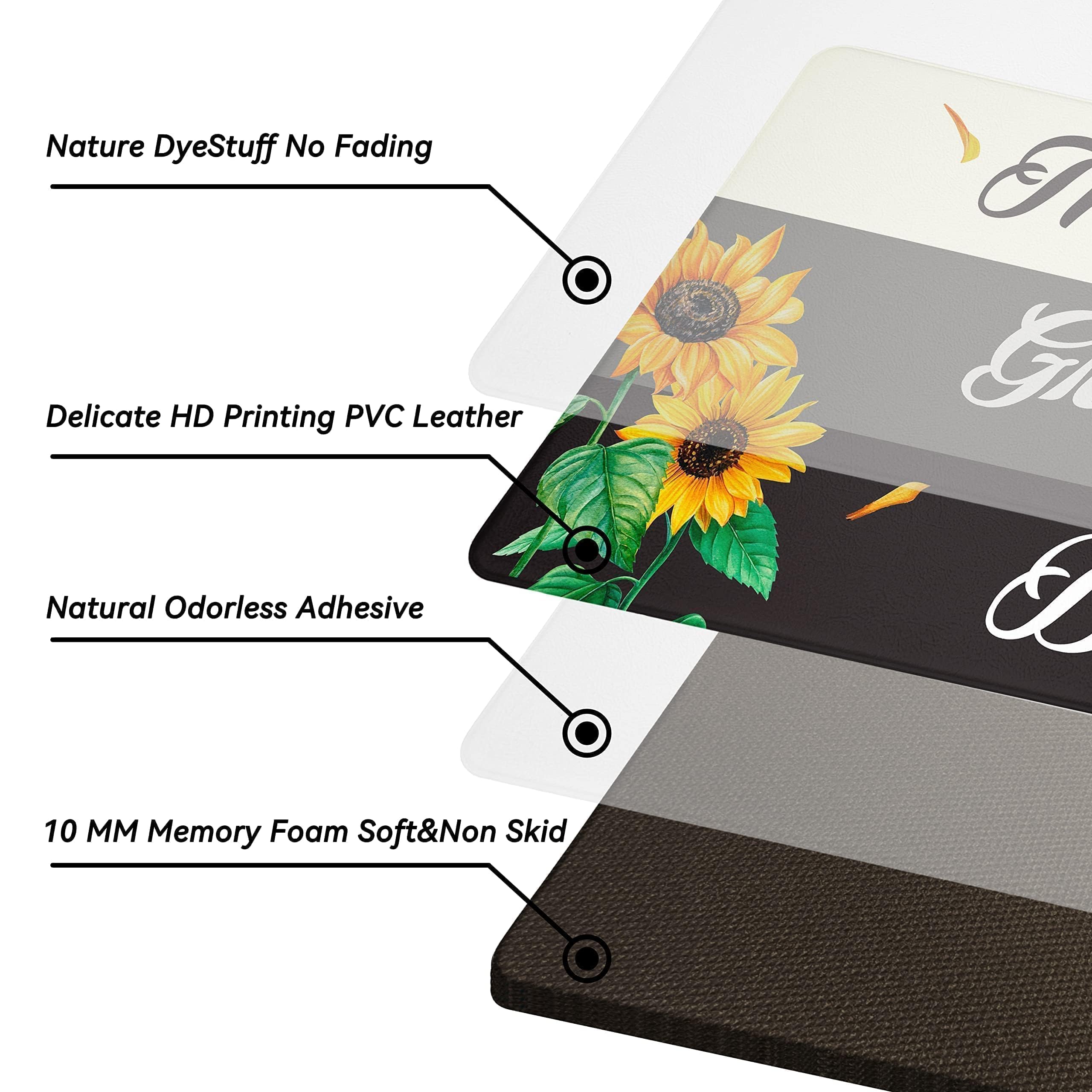 Sunflower Kitchen Rugs Set of 2 - Non-Slip Cushioned Anti-Fatigue Memory Foam Mats for Home & Office - Waterproof Farmhouse Decor (17.3x28 + 17.3x47 Inch) - Perfect for Sink, Stove & High-Traffic Areas