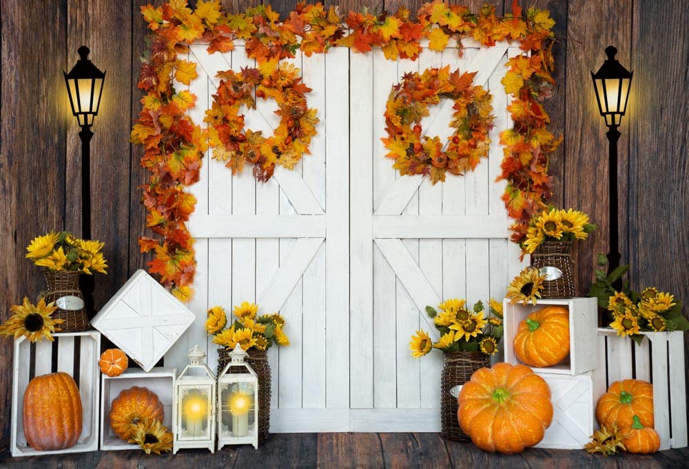7x5ft Thanksgiving Photo Backdrop - Wood Floor & White Door Fall Decor with Pumpkins, Barn, Maple Leaves & Sunflowers | Holiday Party Background, Studio Booth Decor, Family Photo Shoot, Social Media Content Creation