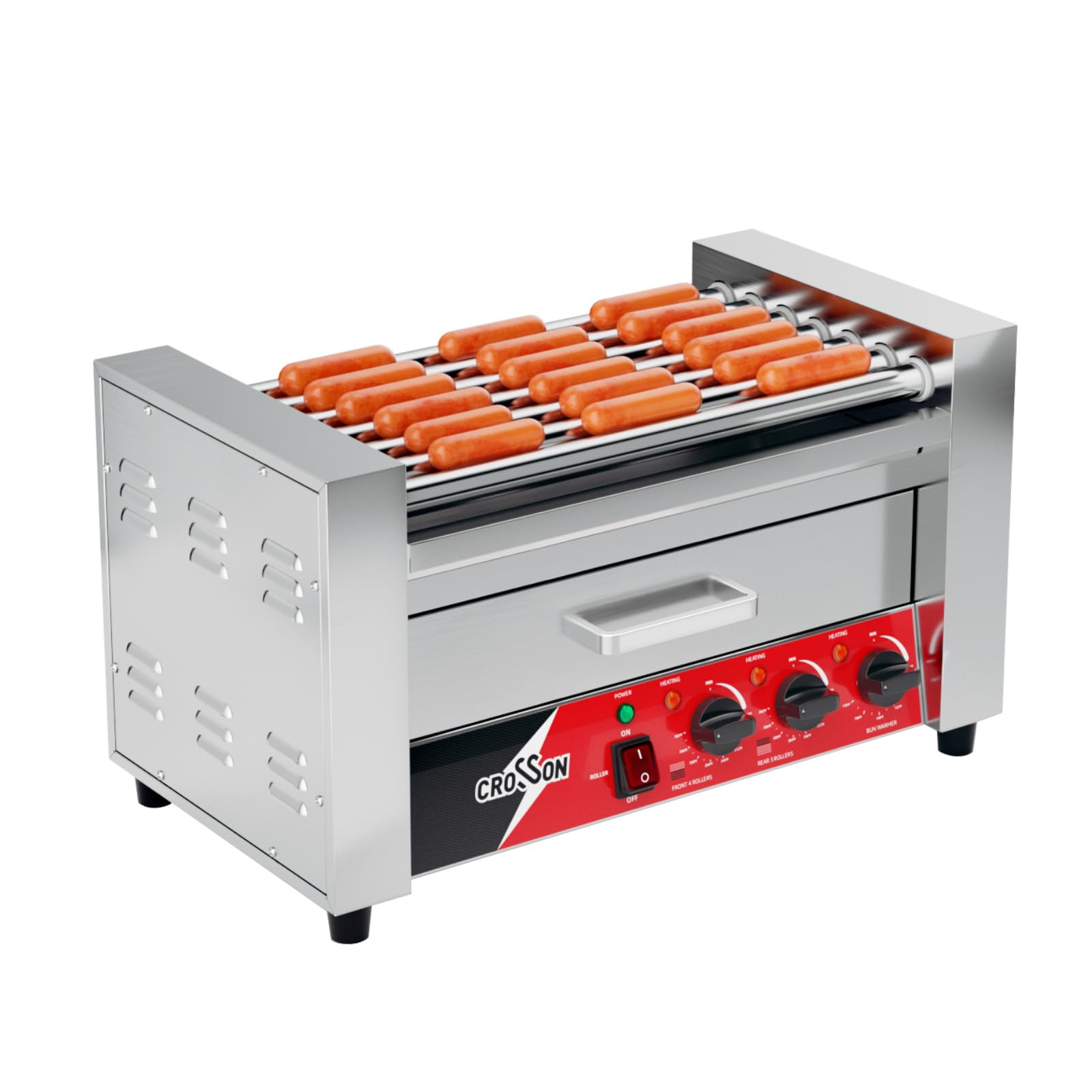 **Commercial 7-Roller Hot Dog Grill Machine with Bun Warmer - 304 Stainless Steel, Nonstick, 120V 1350W - Perfect for Restaurants, Food Trucks & Catering Events**