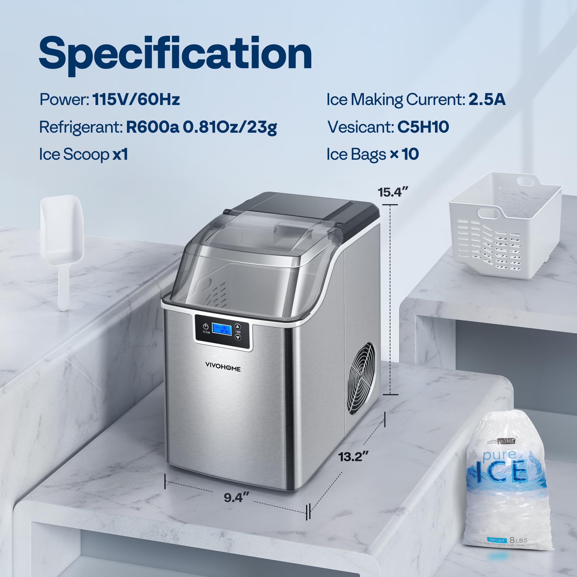 VIVOHOME Countertop Nugget Ice Maker Machine - 44lbs/Day Pebble Ice Maker with Self-Cleaning, Portable Soft Chewable Ice for Home, Kitchen, RV, Camping | Includes Scoop & 10 Ice Bags | Perfect for Cocktails, Sodas & Outdoor Adventures