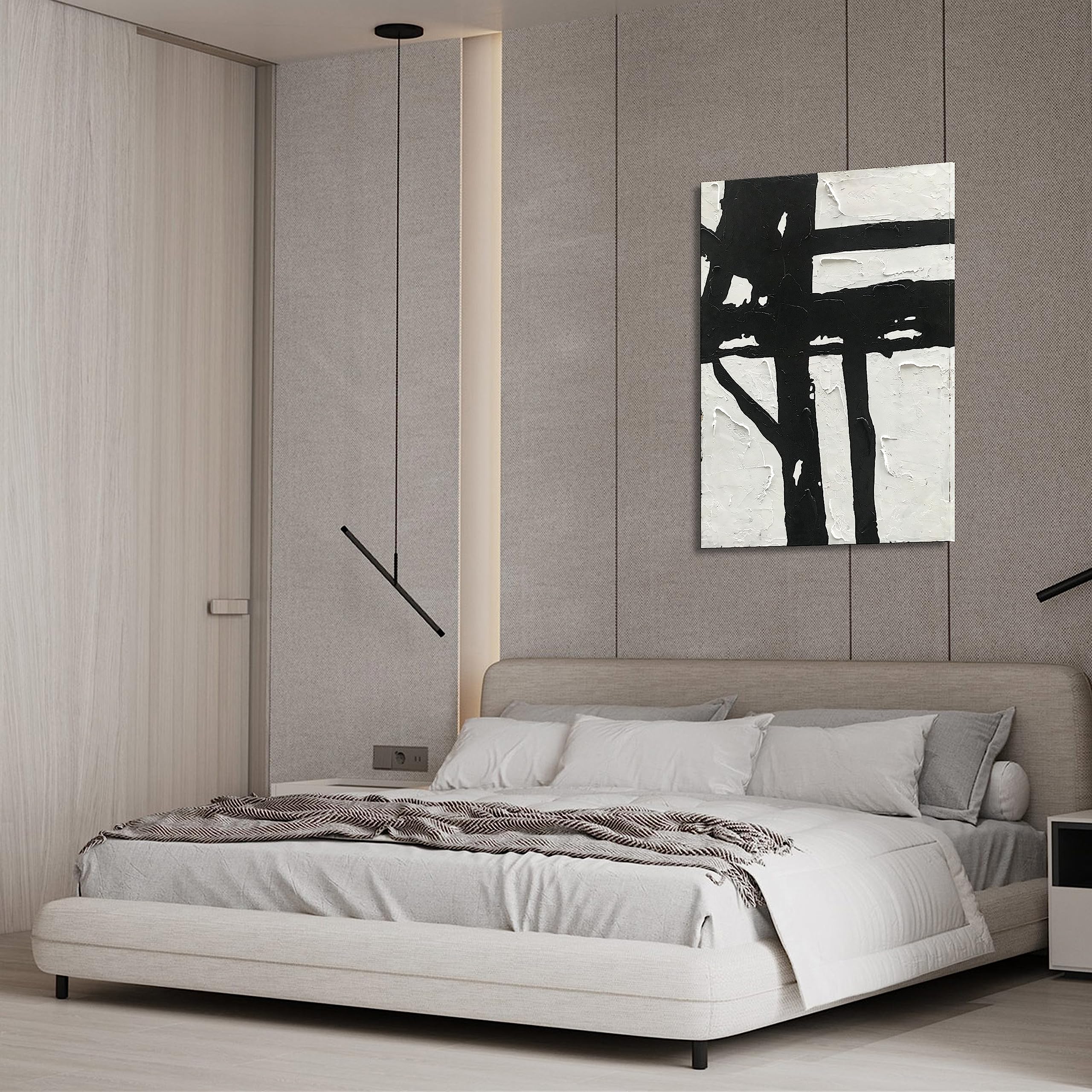 Hand-Painted Black and White Abstract Wall Art - Contemporary Minimalist Oil Painting 45x30 Inch - Large Modern Canvas Art for Living Room, Bedroom, Office & Hallway Decor - Perfect for Home, Apartment & Commercial Spaces