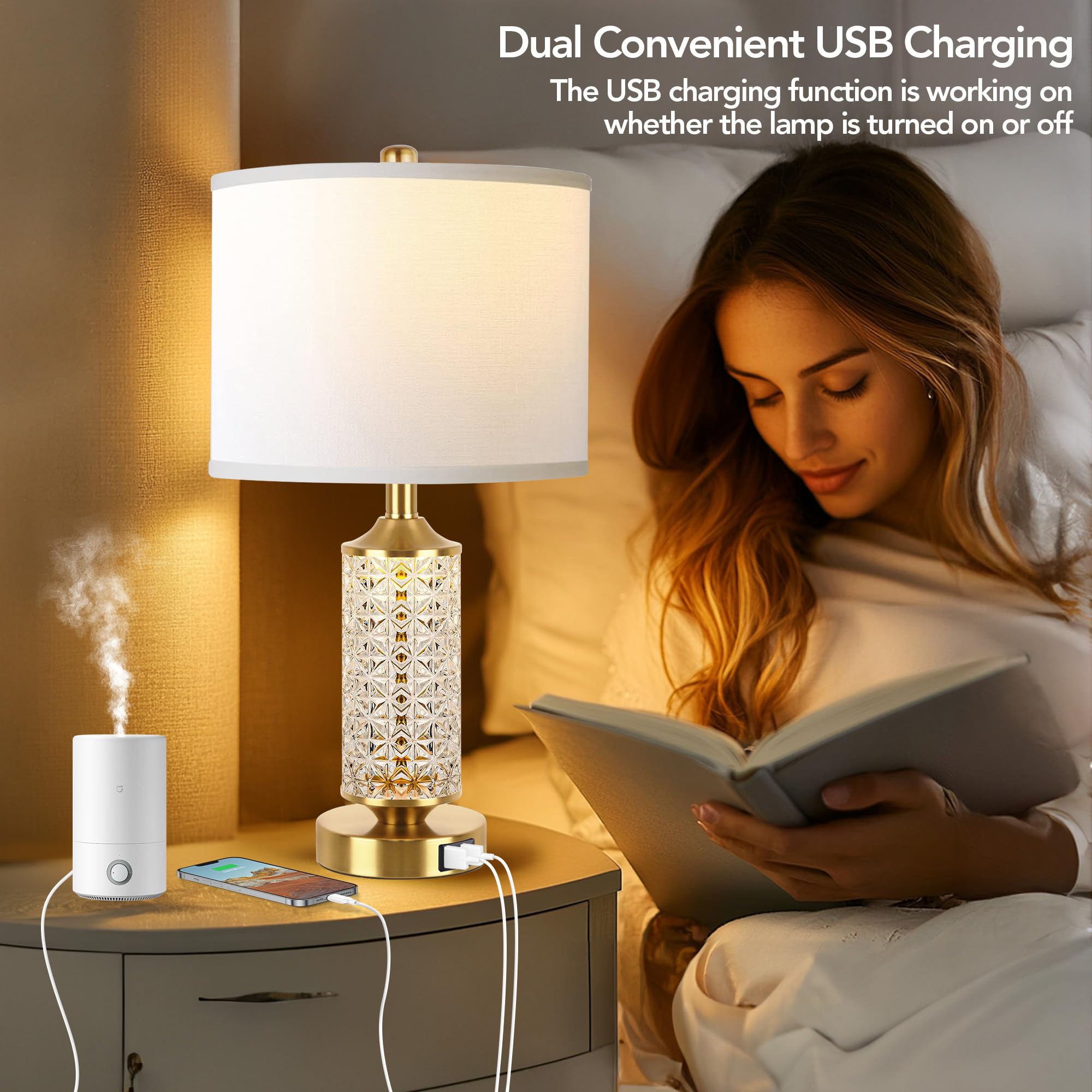 QiMH Set of 2 Modern USB Table Lamps with LED Night Light - Gold Bedside Lamps for Bedroom, Nightstand & Office - Includes 2 Bulbs - Perfect for Reading, Working & Creating Cozy Atmosphere