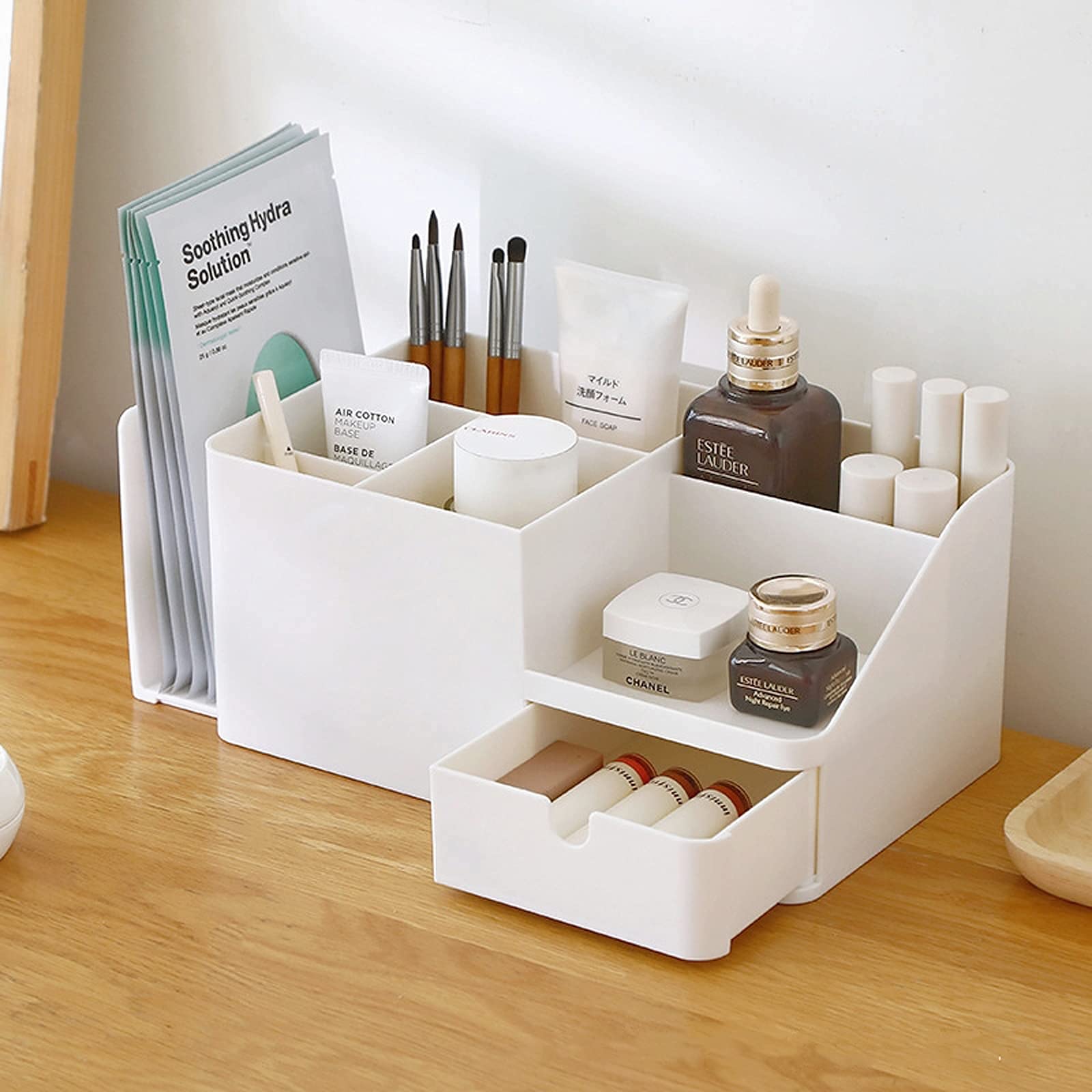 White Multifunctional Desk Organizer with Bookshelf & Drawer - Office Stationery Storage, Makeup Organizer, Bookends - Perfect for Home Office, Study Desk, and Beauty Vanity (Small, Beige)