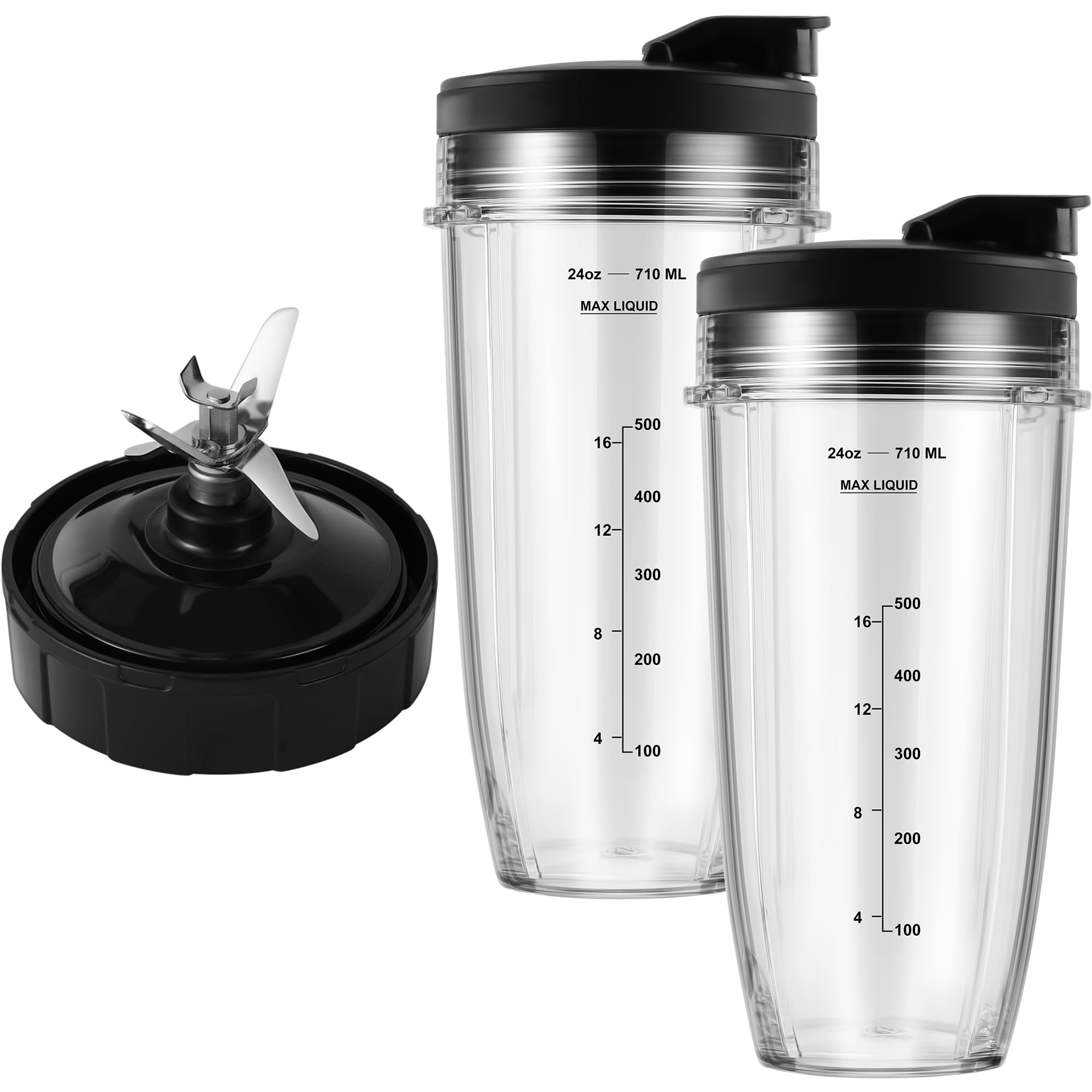 Replacement Blender Parts for Ninja - 24oz Blender Cups with Lids, 7-Fin Extractor Blade - Compatible with Nutri Ninja Auto iQ BL2012 BN801 BL480-30 BL640-30 BL642-30 NN100-30 - Perfect for Smoothies, Juicing & Meal Prep