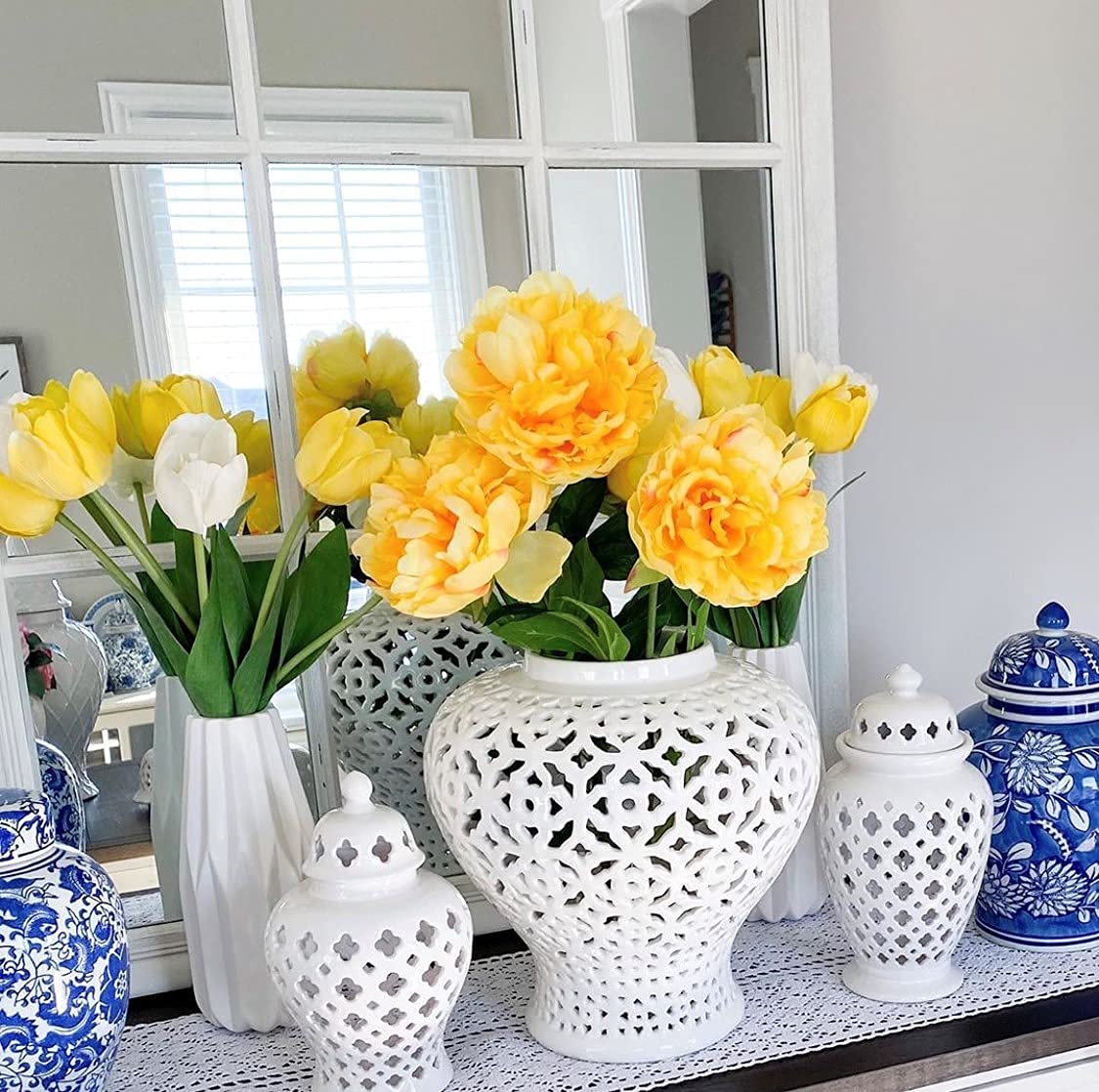 Galt International 19.5” White Lattice Ginger Jar with Lid - Mediterranean Inspired Decorative Vase - Handcrafted Home Decor for Living Room, Kitchen, Dining Table & Entryway - Perfect for Floral Arrangements & Stylish Interior Design