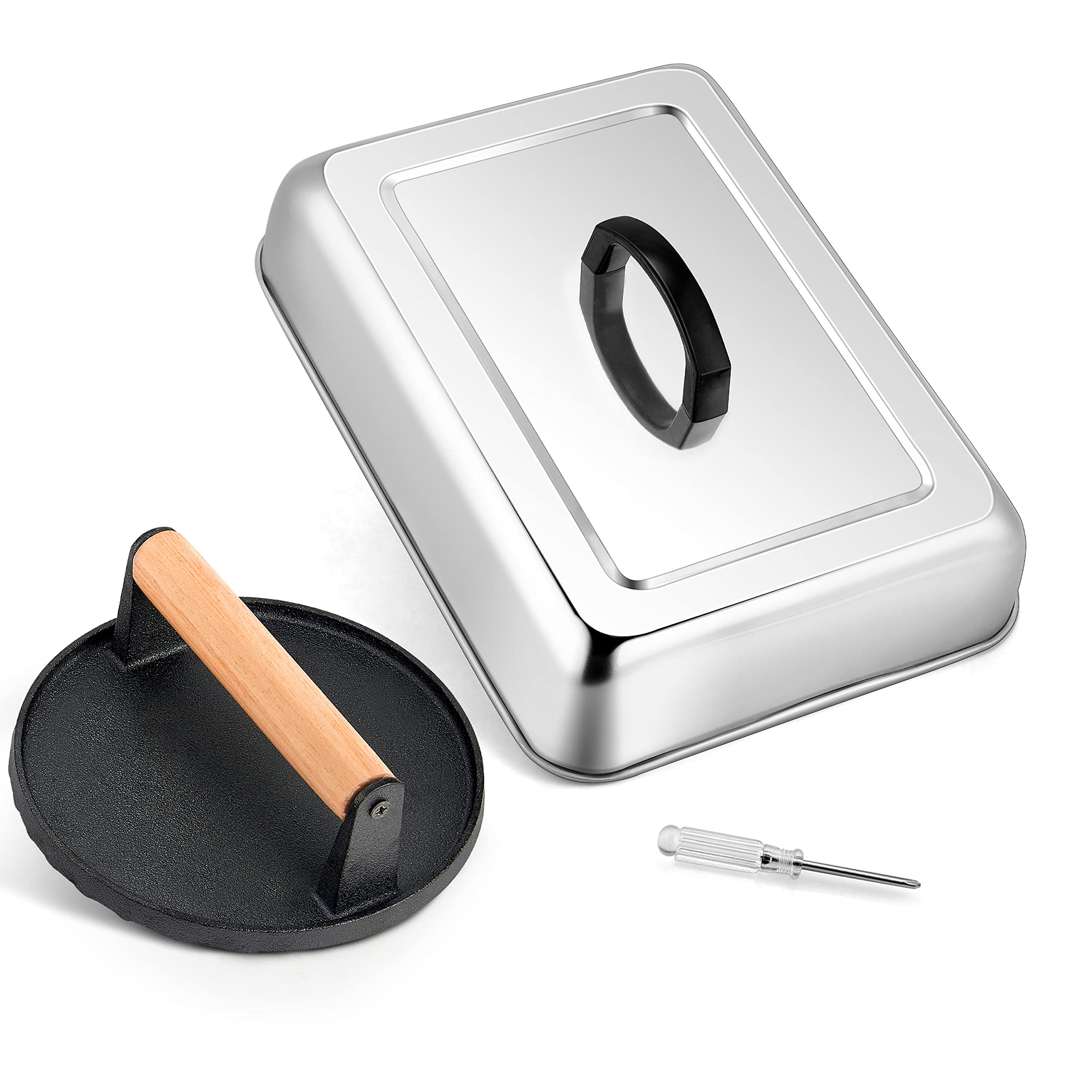HaSteeL 13 x 9.75 Inch Melting Dome & 7 Inch Burger Press Set - Rectangular Basting Steam Cover with Bacon Press - Heavy Duty Metal Griddle Accessories for Flat Top Grill, Teppanyaki, Hibachi, BBQ - Perfect for Burgers, Melting Cheese & Cooking Bacon - Easy to Clean & Durable
