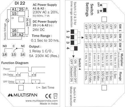 DI-22 ON-Off Delay Timer Relay 230VAC/24VDC - Adjustable Time Control for Industrial Automation, HVAC Systems, and Electrical Equipment