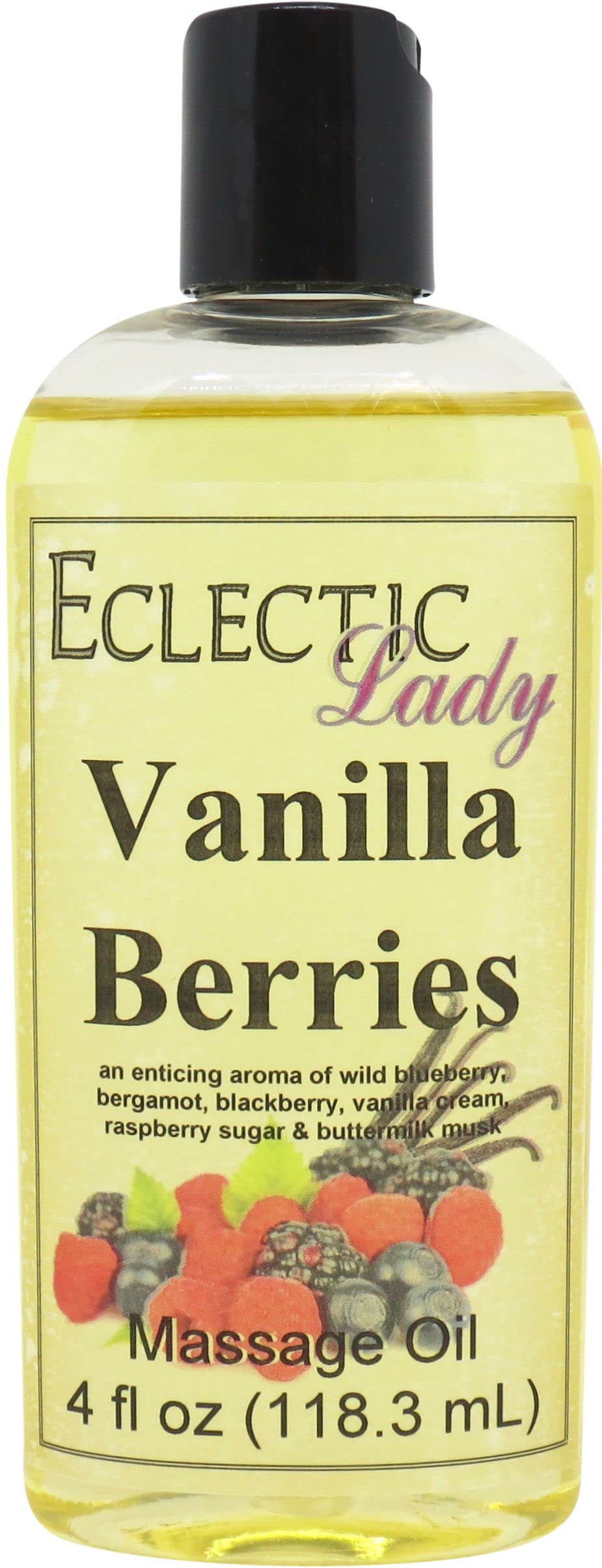 Vanilla Berries Massage Oil - 4 oz Natural Body Oil with Sweet Almond & Jojoba Oil | Preservative-Free, Aromatherapy Relaxation | Perfect for Couples Massage, Spa Nights & Stress Relief