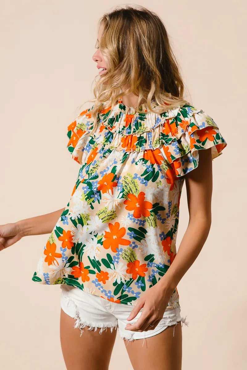 BiBi Women's Floral Print Woven Blouse - Colorful Short Sleeve Tops for Casual Wear, Summer Outfits & Boho Style Fashion