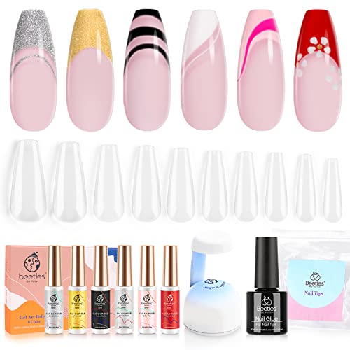 Beetles 6 Colors Gel Nail Polish Set - Black, White, Red Gel Liner for Nail Art, Swirl Design & Tips - Professional Nail Kit with Glue for Salon & Home Manicure - Perfect for DIY Nails, Parties & Special Occasions