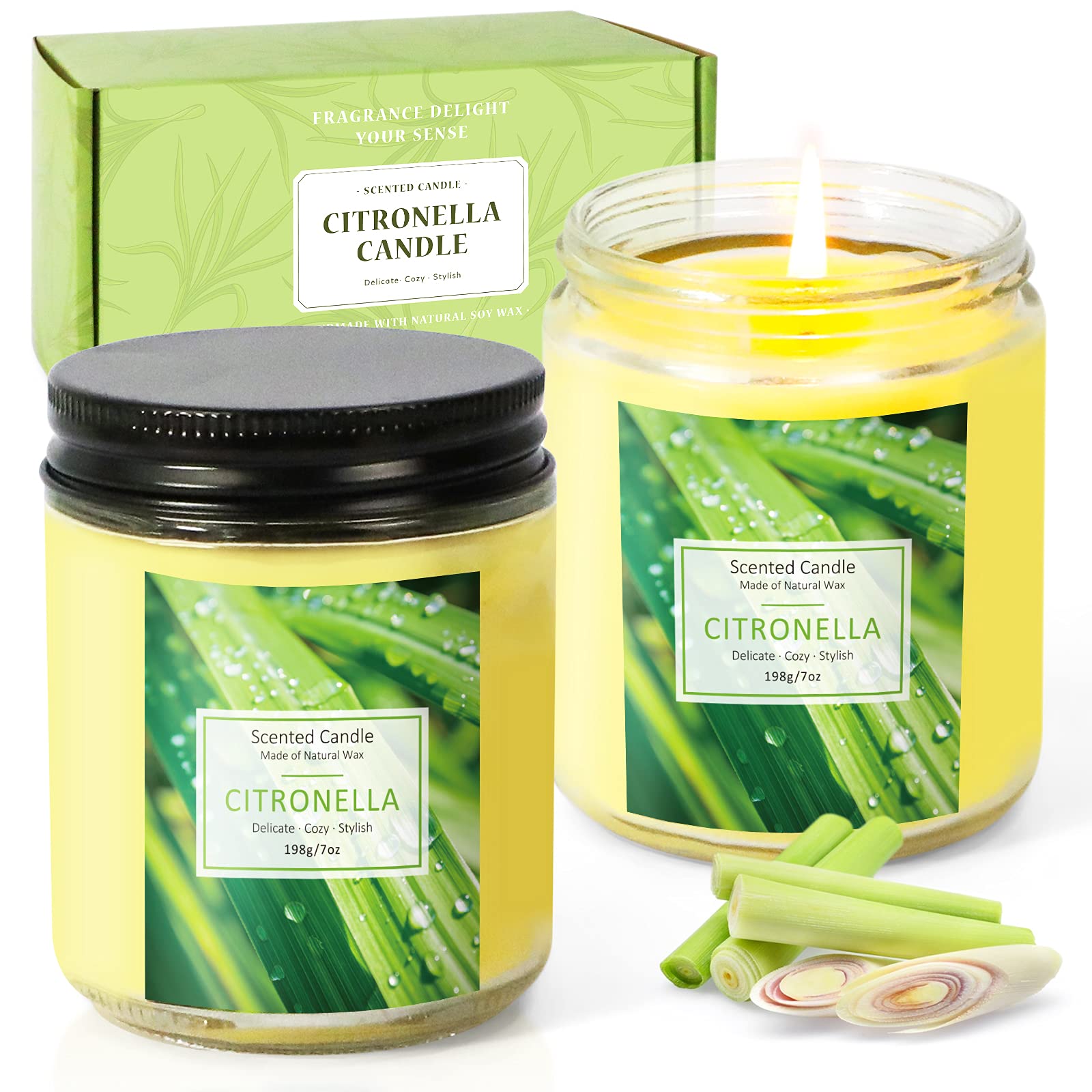 Natural Citronella Candles for Outdoor & Indoor Use - 2 Pack Lemongrass Scented Soy Wax Candles (7.0 oz Each) | Mosquito Repellent, Patio Decor, Garden Parties & Relaxation Aromatherapy