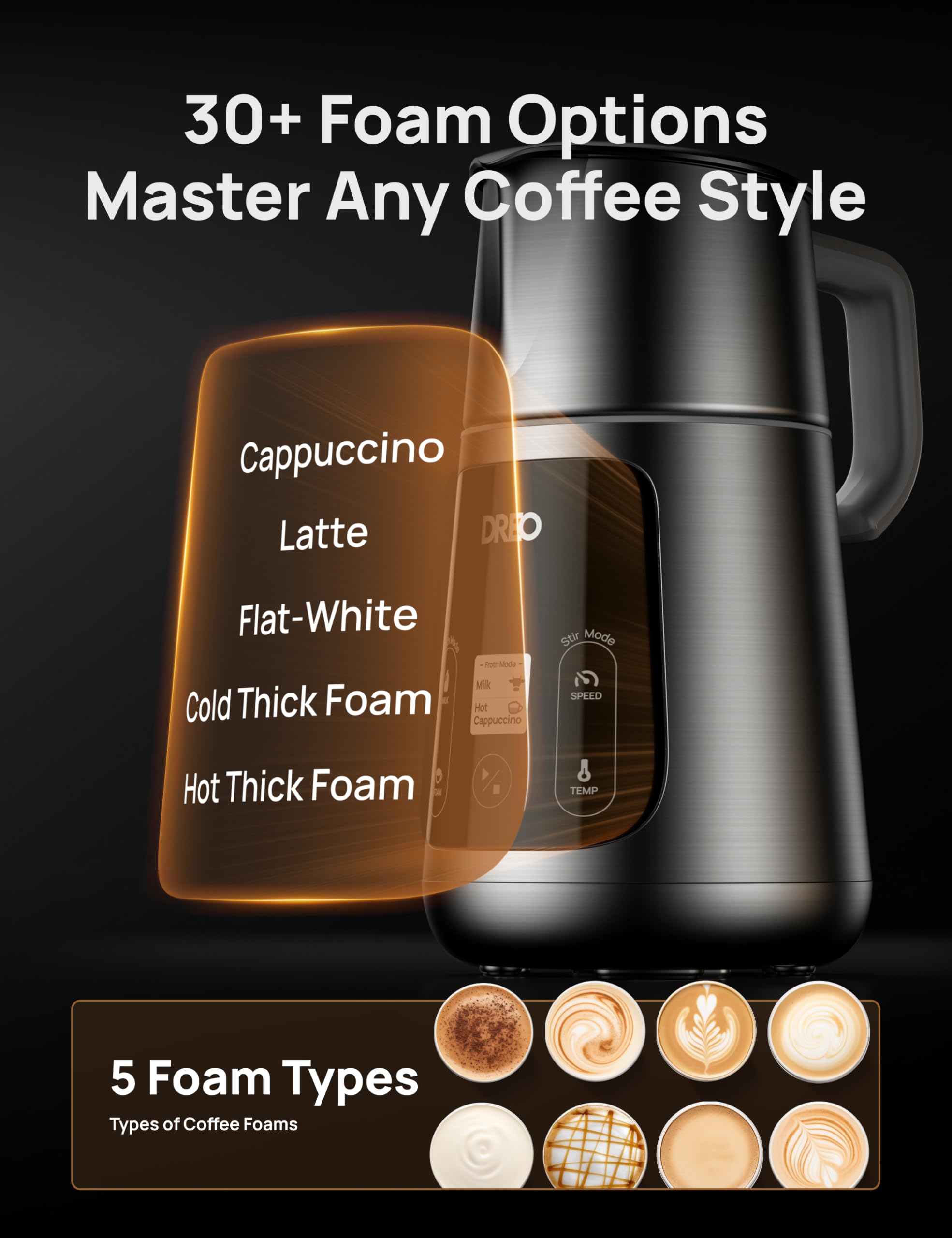 Dreo All-in-1 BaristaMaker Electric Milk Frother & Warmer - 15oz/450ml Automatic Coffee Frother for Latte Art, Cappuccino & Hot Chocolate - Works with Dairy & Plant-Based Milk - Dishwasher Safe - Perfect for Home Baristas & Coffee Lovers