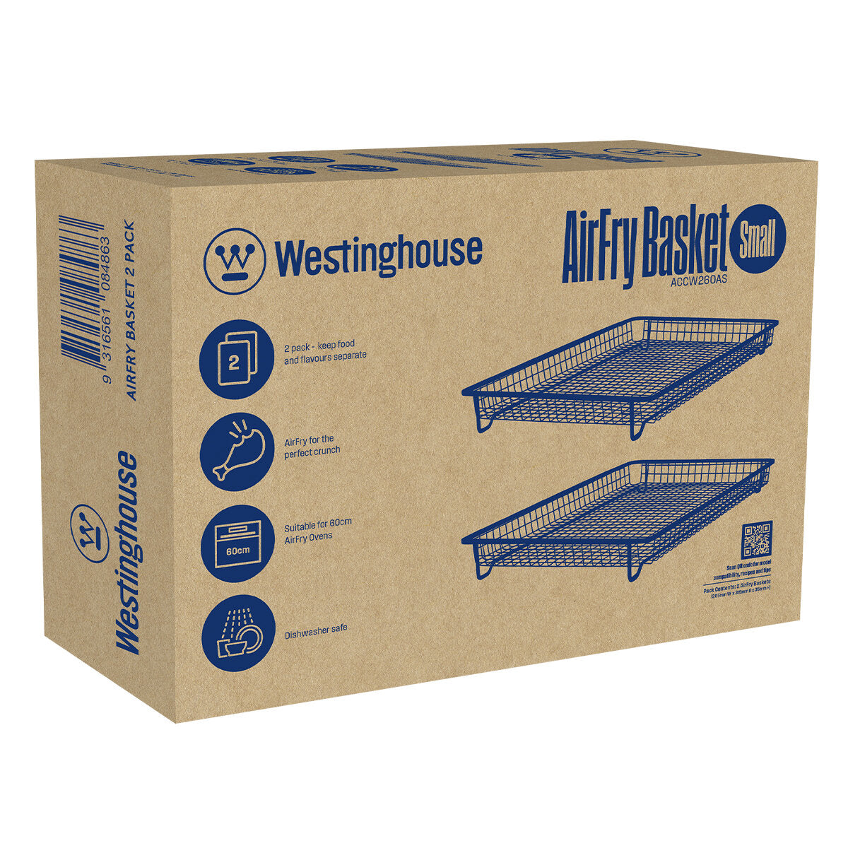 Westinghouse Air Fryer Basket for 60cm Air Fry Ovens - 2 Pack (ACCW260AS) | Perfect for Healthy Frying, Crispy Snacks & Family Meals