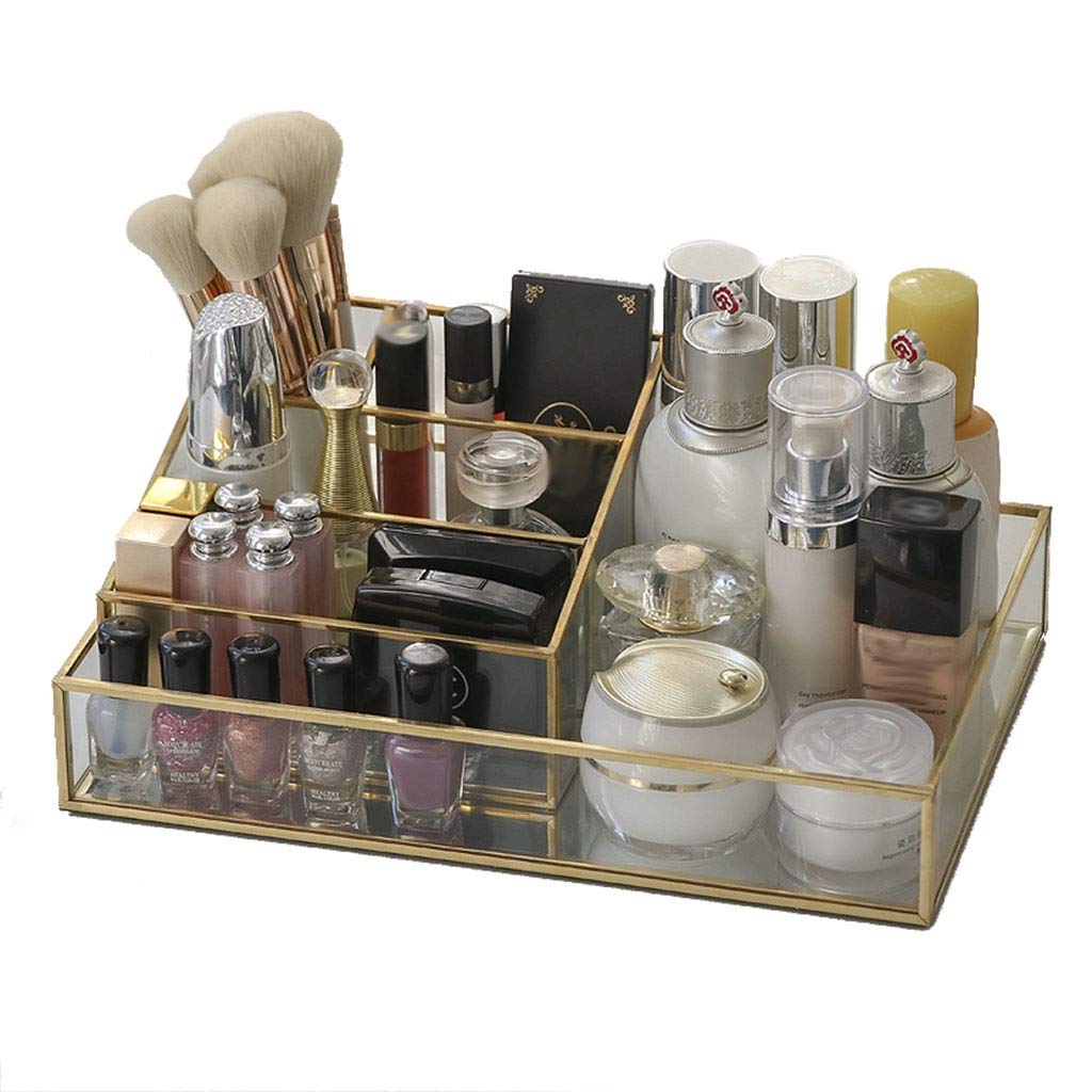 Vintage Glass Cosmetic Storage Box with Gold Trim - Transparent Multi-Function Makeup Organizer & Display Case for Countertop - Perfect for Vanity, Bathroom, and Jewelry Organization