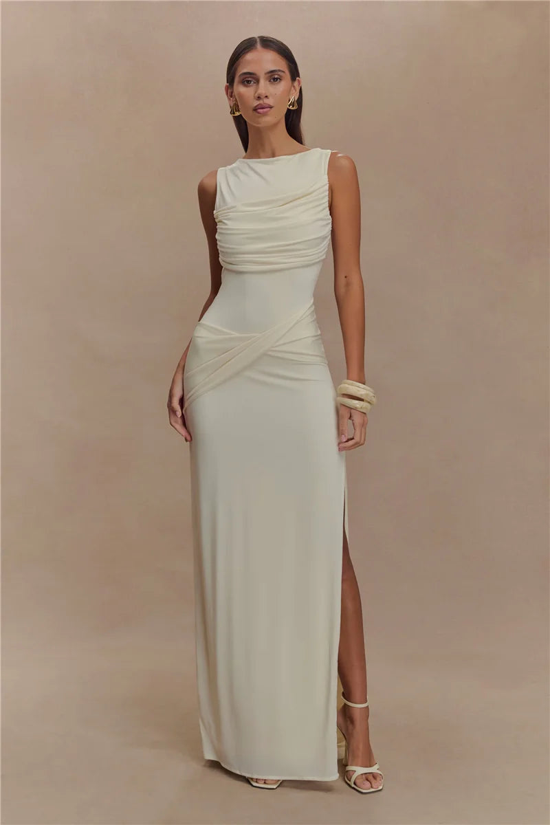 Sexy Backless Ruched Maxi Tank Dress for Women - Elegant O Neck Thigh High Split Bodycon Long Gown | Perfect for Summer Parties, Date Nights & Beach Vacations