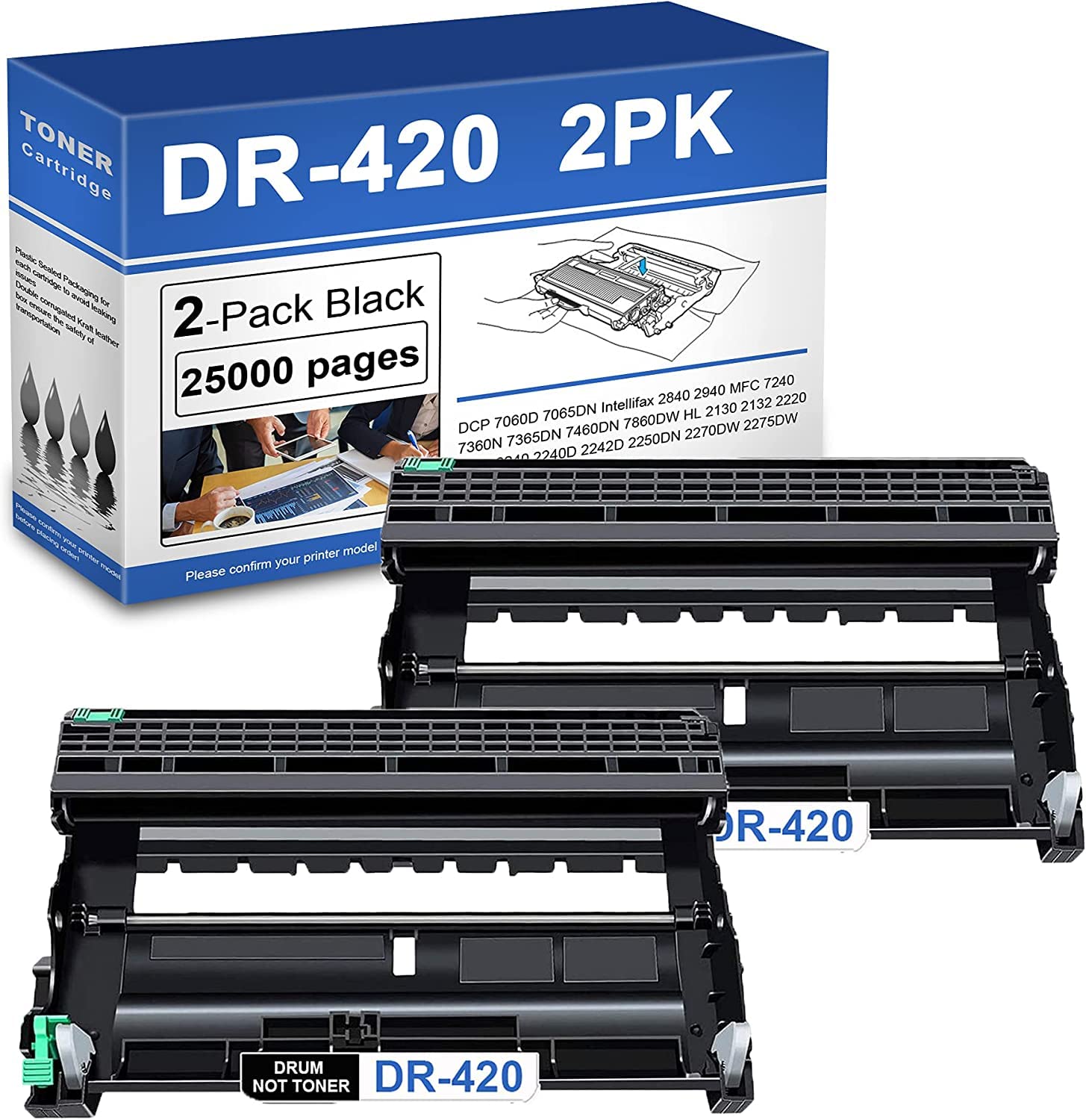 2 Pack DR420 Drum Unit Replacement for Brother DR420 - Compatible with DCP-7065D, MFC-7860DW, HL-2240D, HL-2280DW, HL-2130, HL-2132 Printers - High-Quality Toner Cartridge for Home & Office Printing