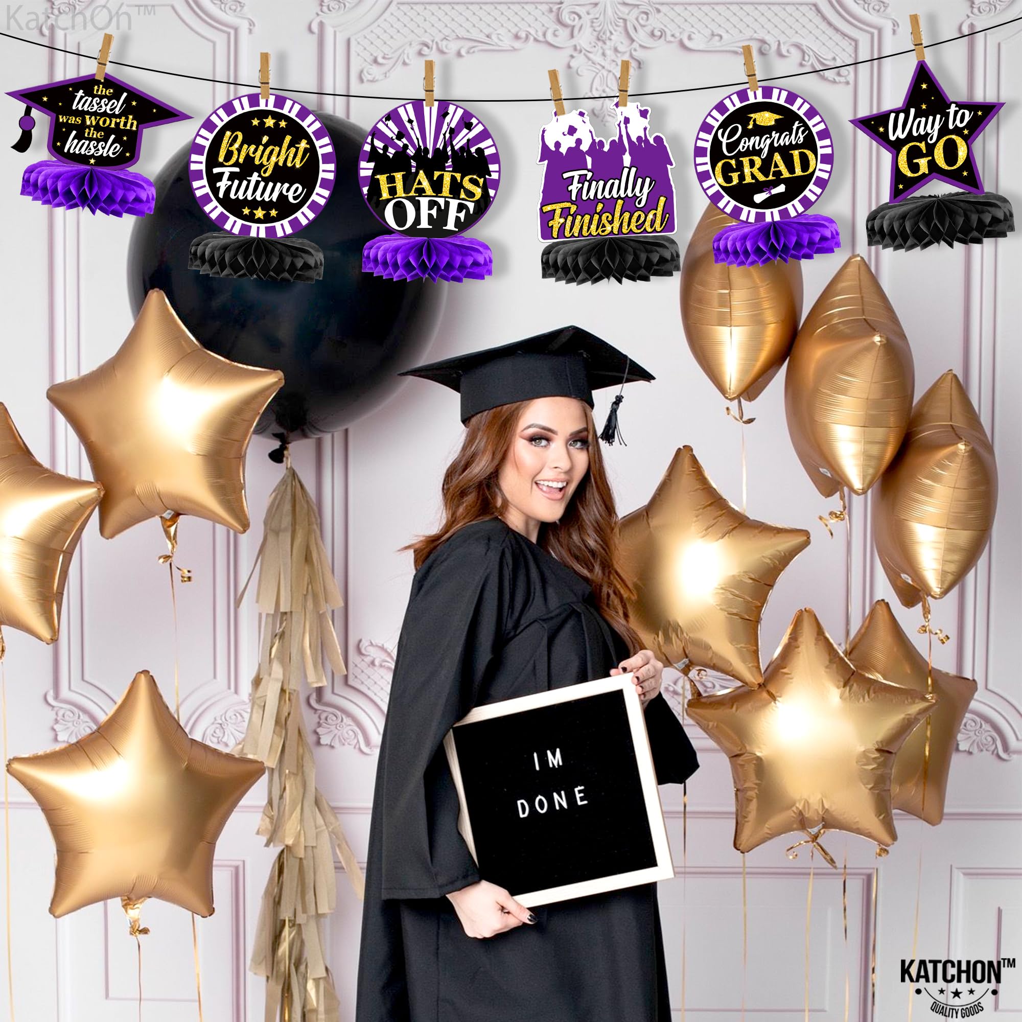 KatchOn Purple Graduation Honeycomb Centerpieces 2025 - Pack of 9 | Class of 2025 Graduation Table Decorations for Party, Ceremony & School Events - Perfect for Graduation Centerpieces Decor
