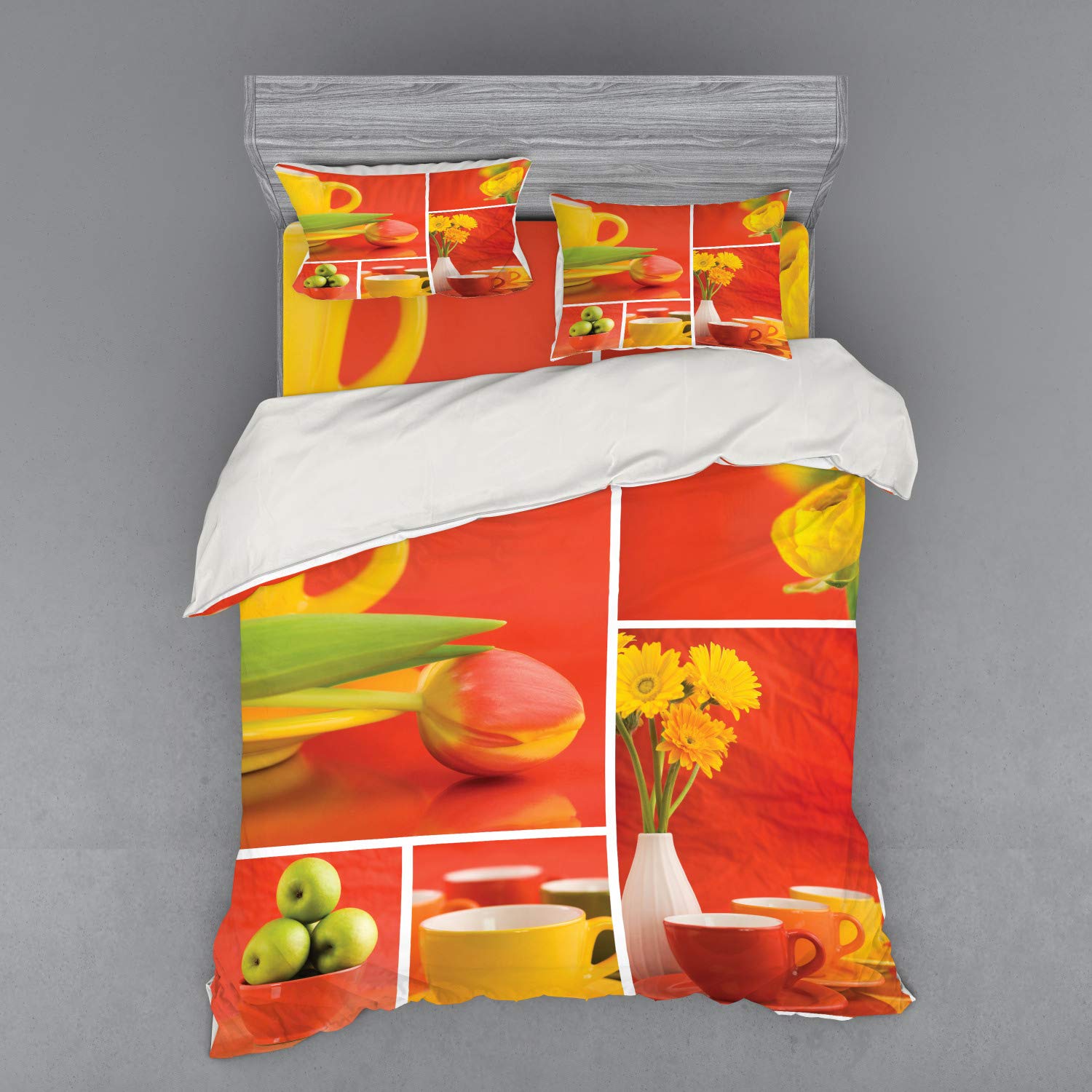 Ambesonne 4-Piece Queen Coffee Bedding Set - Floral Tulip & Apple Print Duvet Cover with Pillow Shams & Fitted Sheet, Warm Red Yellow Green Colors for Cozy Bedroom Decor | Perfect for Coffee Lovers' Home, Guest Room & Airbnb Stays