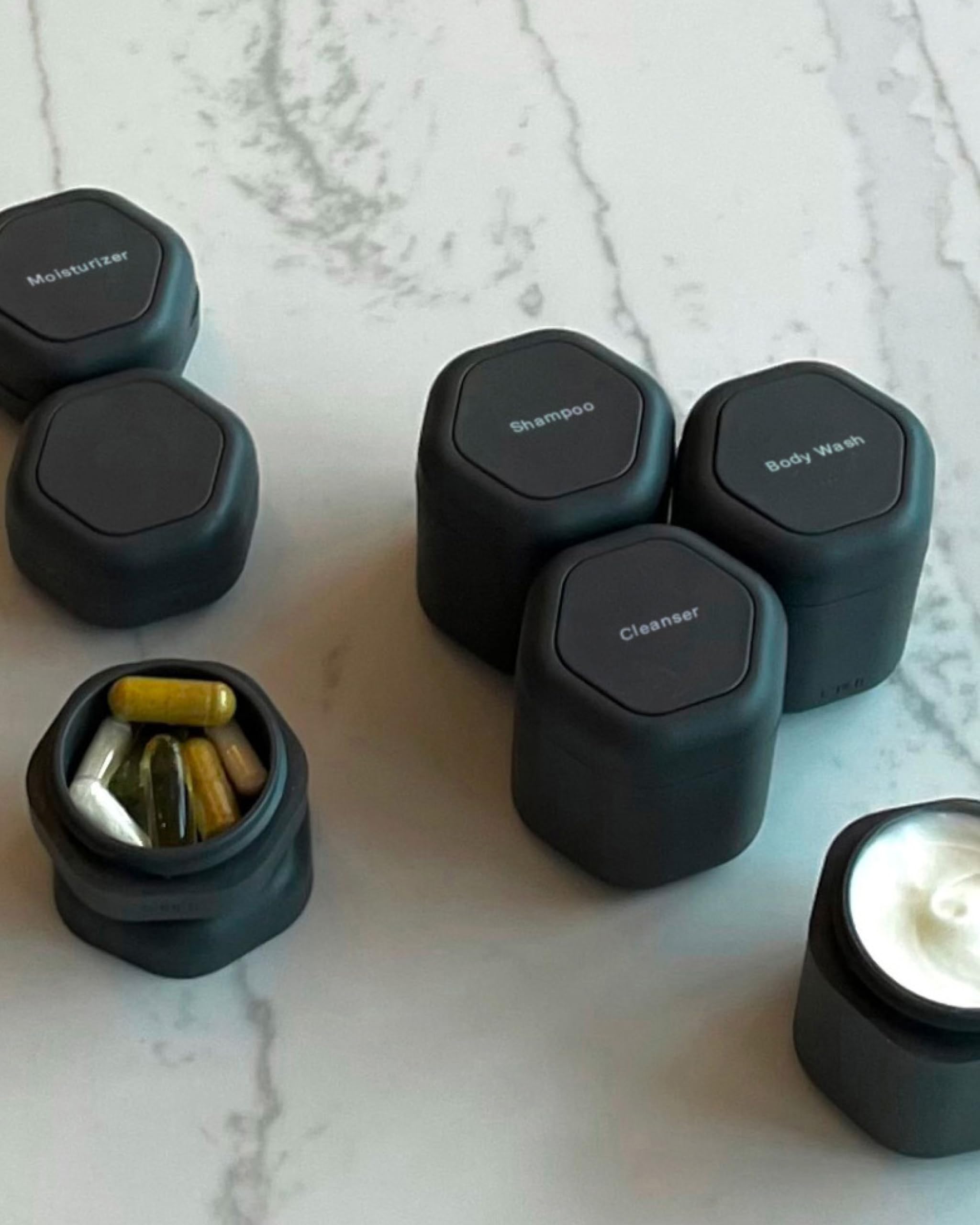 Cadence Magnetic Travel Containers Set - 4 Medium (1.32oz) & 3 Small (0.56oz) Leak-Proof Capsules for Shampoo, Conditioner, Body Wash, Pills & Toiletries - Perfect for Air Travel, Gym Bag & Daily Routine Organization - Pacific Blue