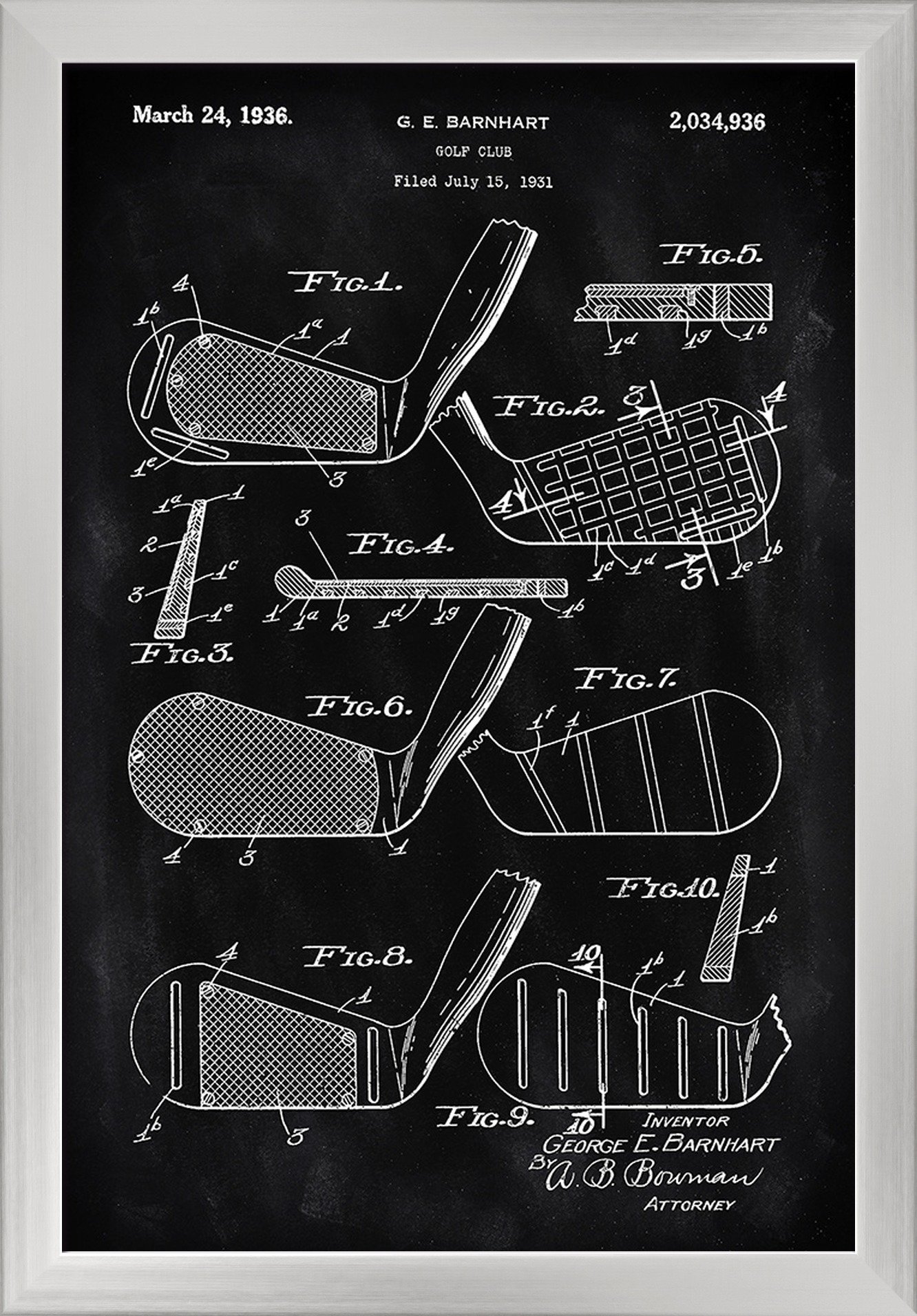 Blackboard Patent Golf Club Head - 16x24 Inch Giclee Fine Art Print with Recycled Wood Frame in Silver | Vintage Golf Decor for Office, Man Cave or Sports Bar