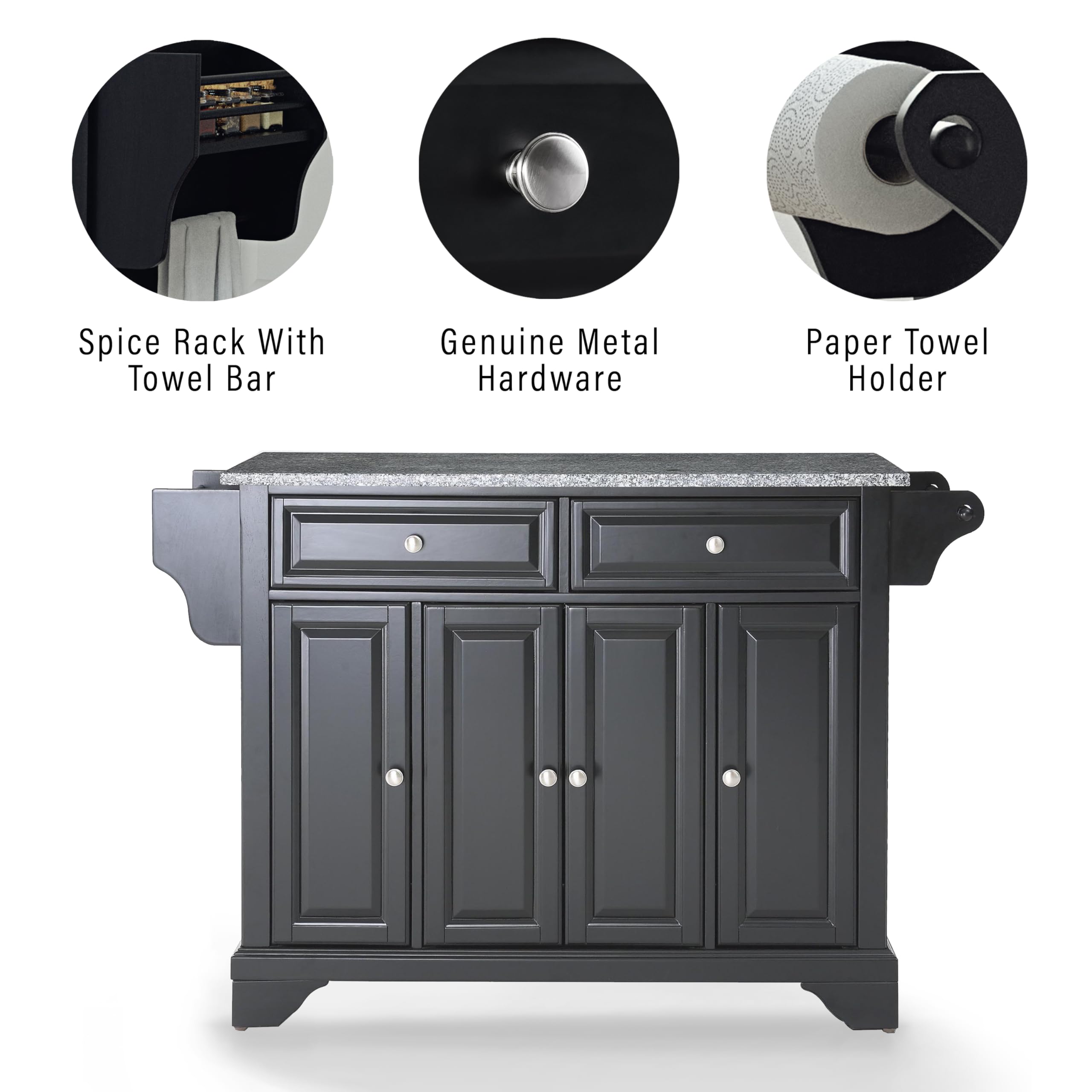 Crosley Lafayette Granite Top Rolling Kitchen Island Cart with Storage - Microwave Stand & Spice Rack - Black - Perfect for Small Kitchens, Apartments & Entertaining